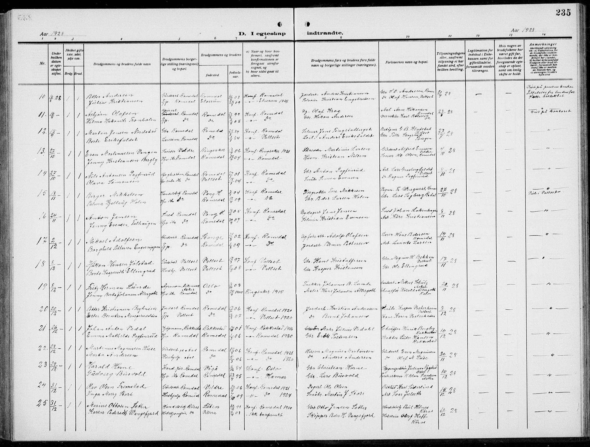 Romedal prestekontor, AV/SAH-PREST-004/L/L0014: Klokkerbok nr. 14, 1915-1939, s. 235