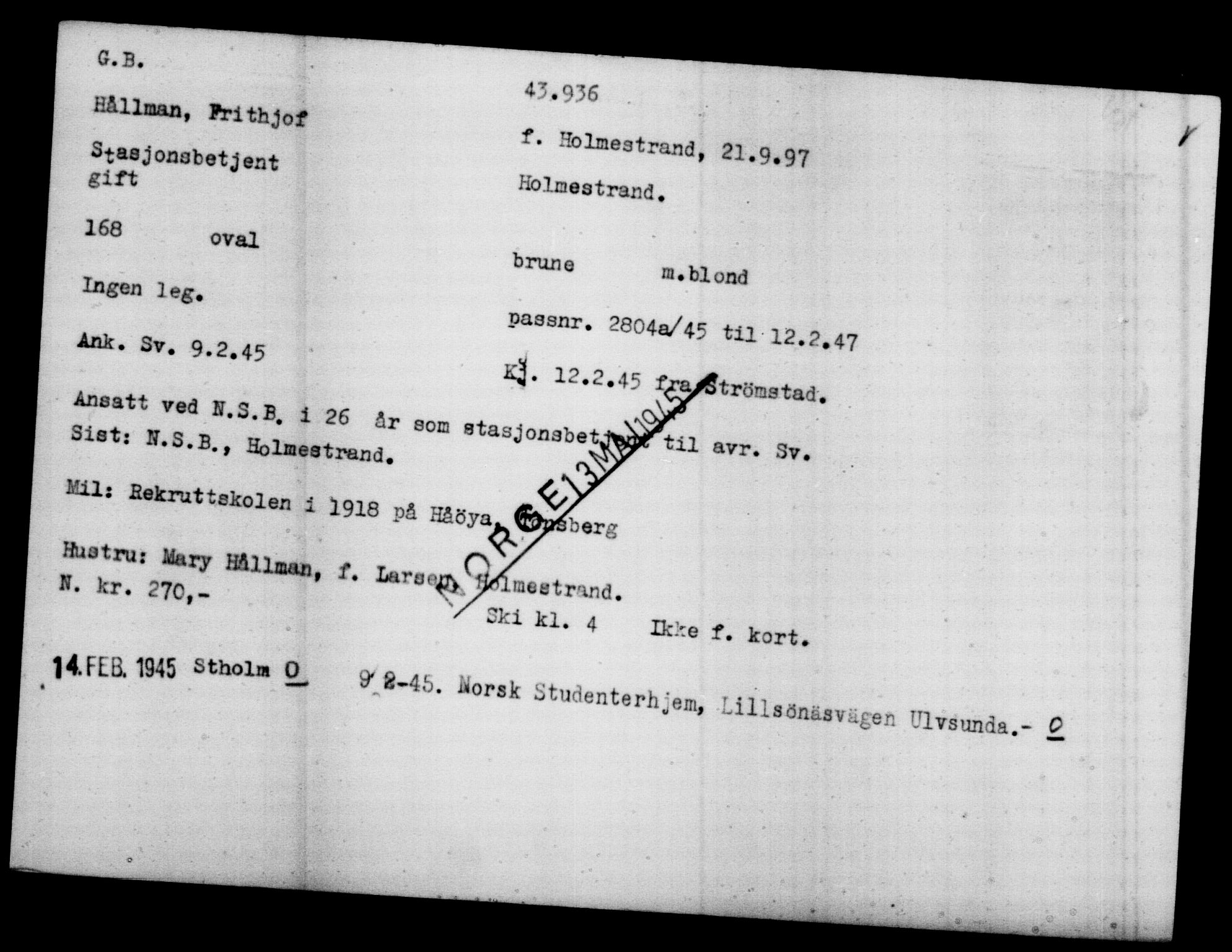 Utenriksstasjonene, Legasjonen i Stockholm, Flyktningkontoret, AV/RA-S-6753/V/Va/L0017: Kjesäterkartoteket, flyktninger med registreringsnr. 43400-46318, 1940-1945, s. 561