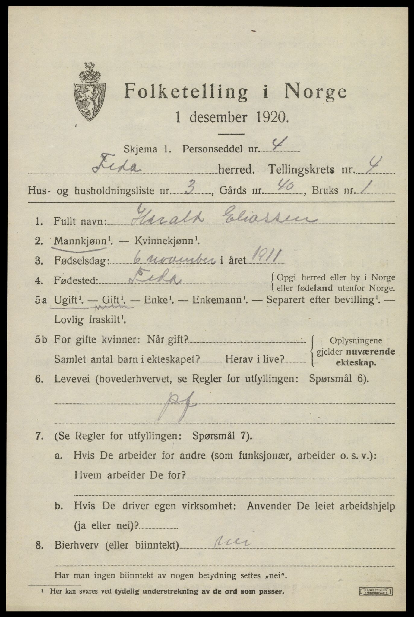 SAK, Folketelling 1920 for 1038 Feda herred, 1920, s. 1853