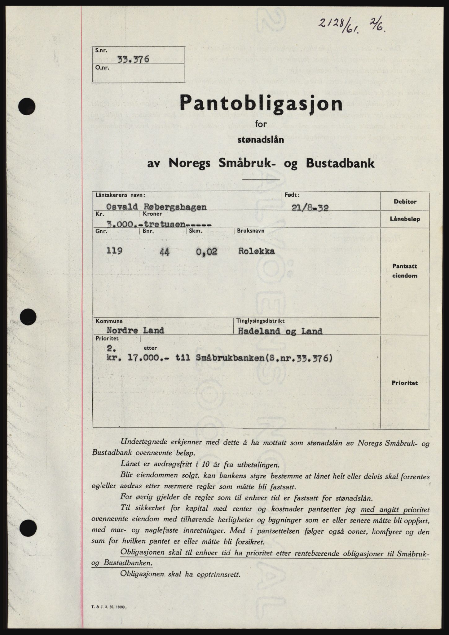 Hadeland og Land tingrett, SAH/TING-010/H/Hb/Hbc/L0046: Pantebok nr. B46, 1961-1961, Dagboknr: 2128/1961