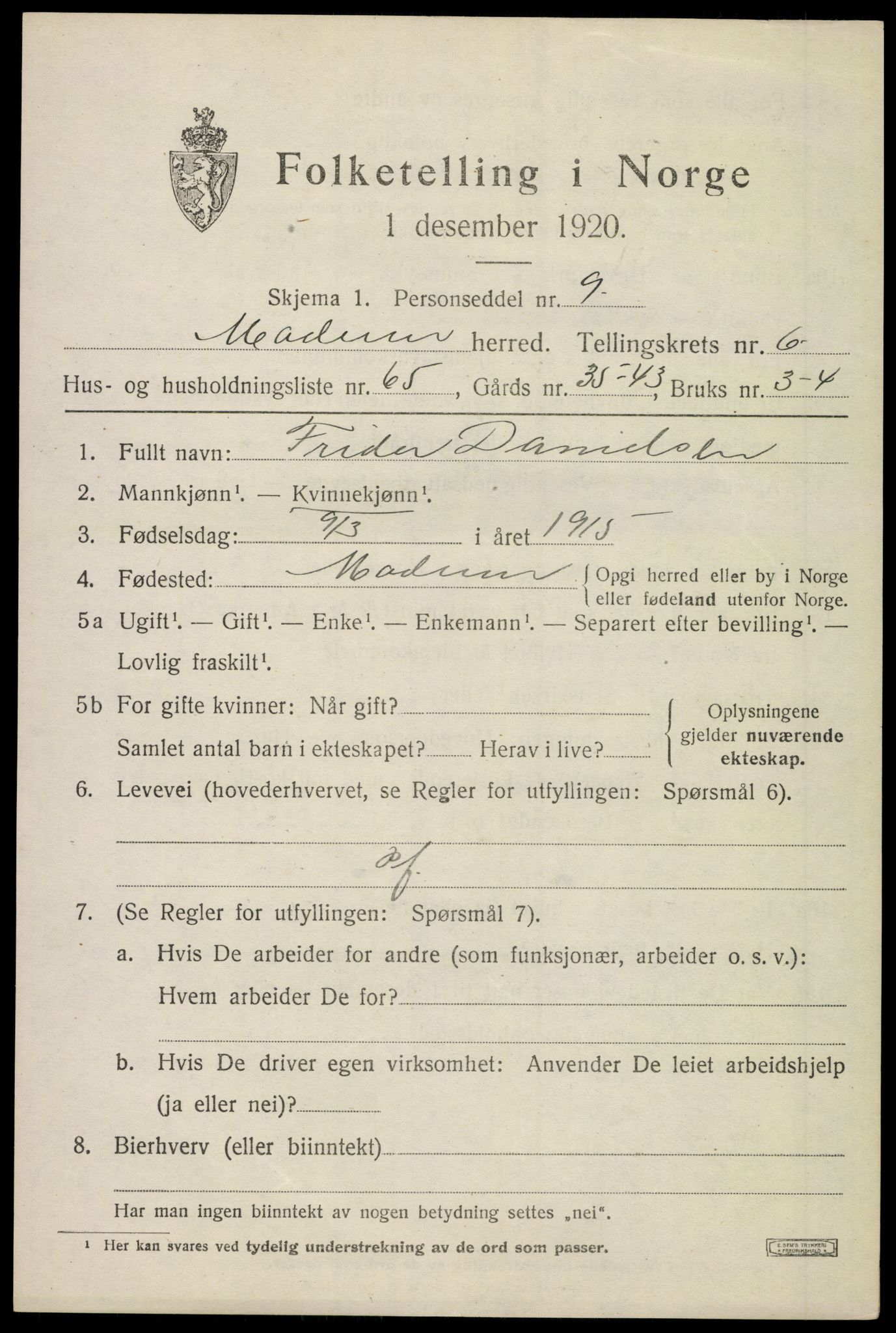 SAKO, Folketelling 1920 for 0623 Modum herred, 1920, s. 9653