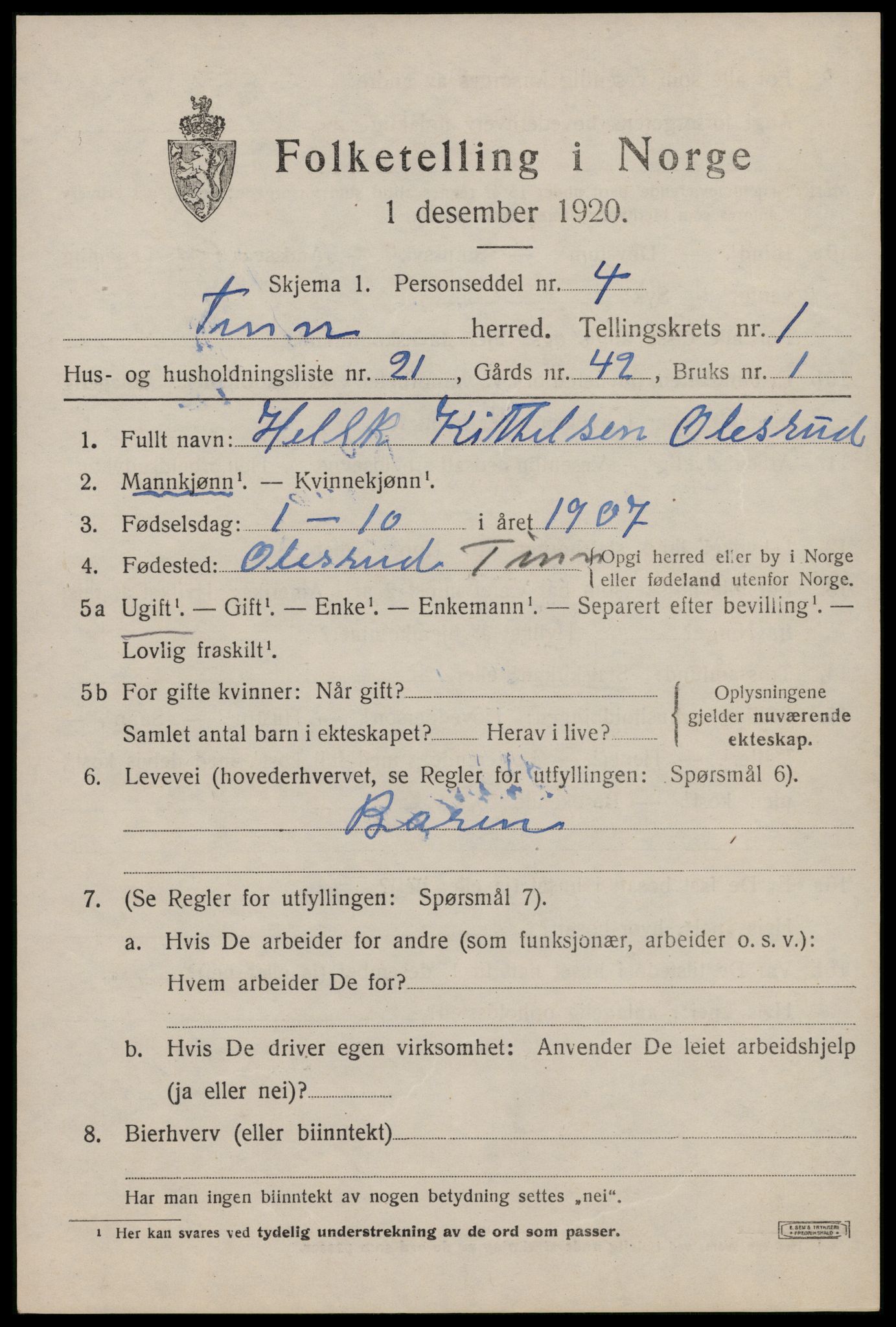 SAKO, Folketelling 1920 for 0826 Tinn herred, 1920, s. 2960