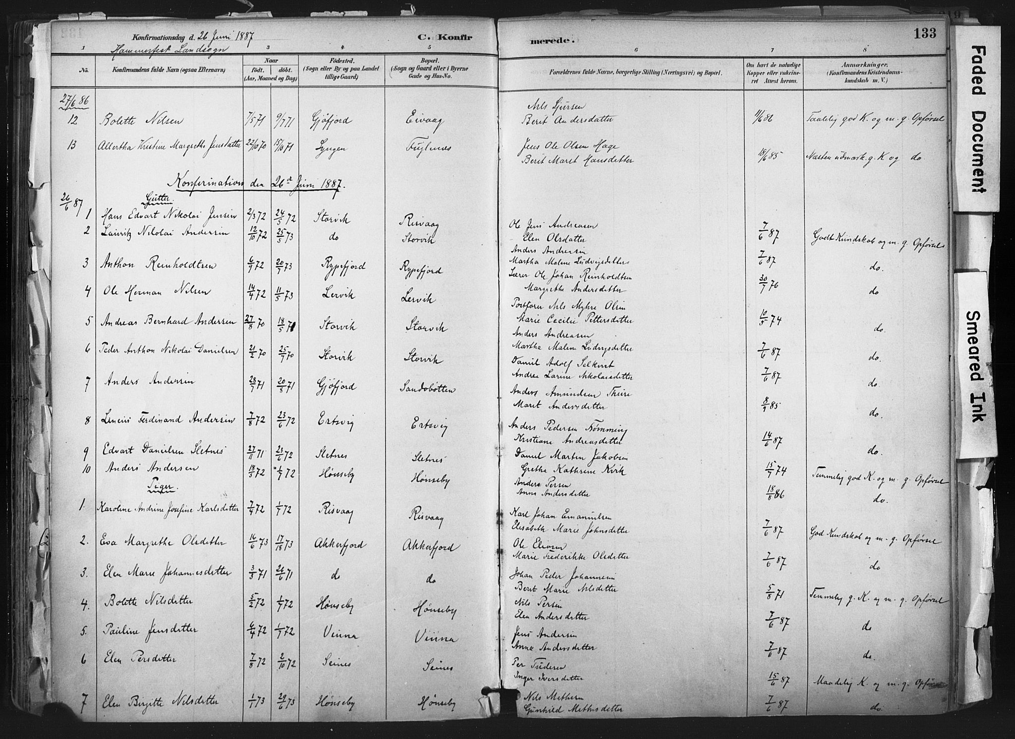 Hammerfest sokneprestkontor, AV/SATØ-S-1347/H/Ha/L0011.kirke: Ministerialbok nr. 11 /1, 1885-1897, s. 133