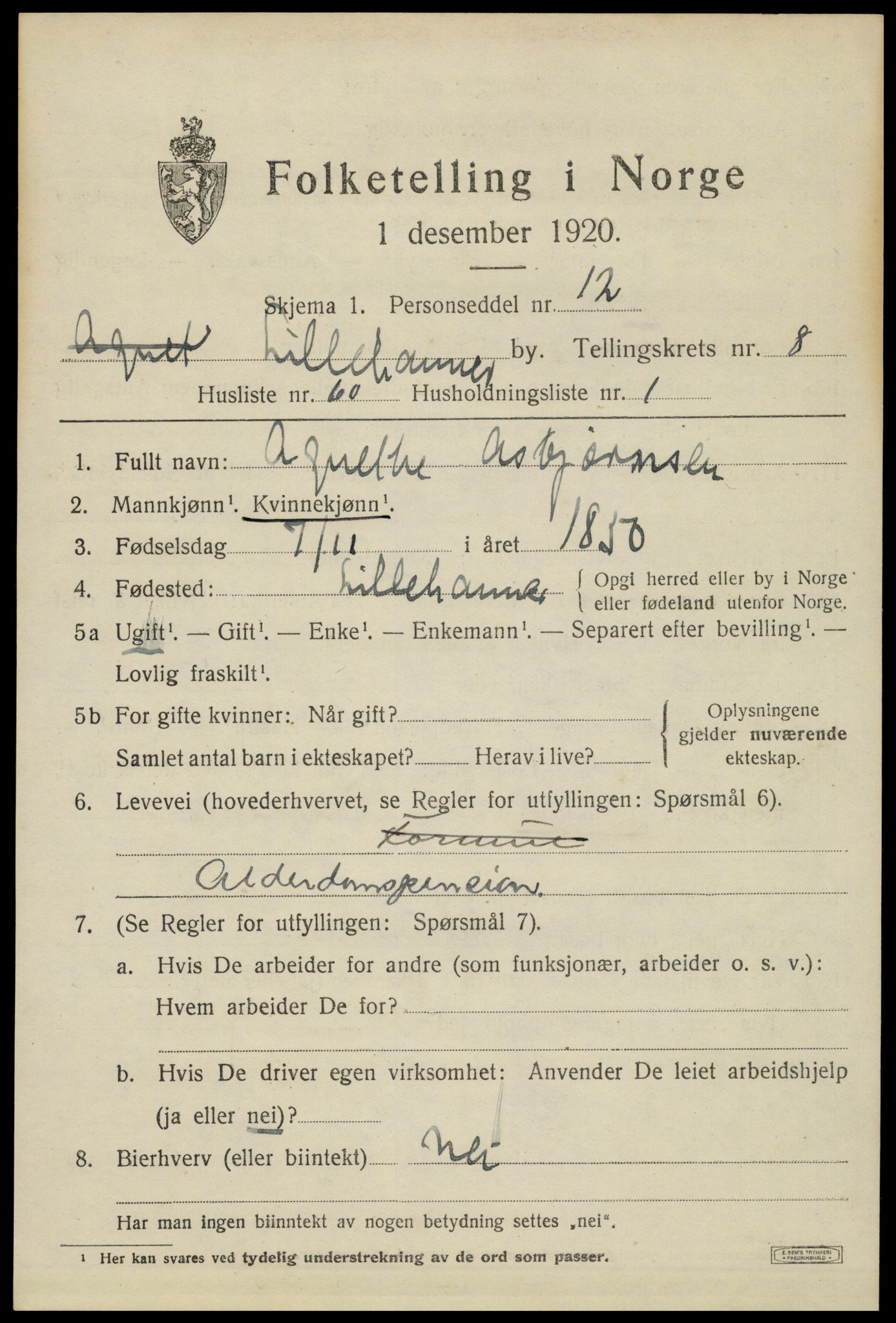 SAH, Folketelling 1920 for 0501 Lillehammer kjøpstad, 1920, s. 11594