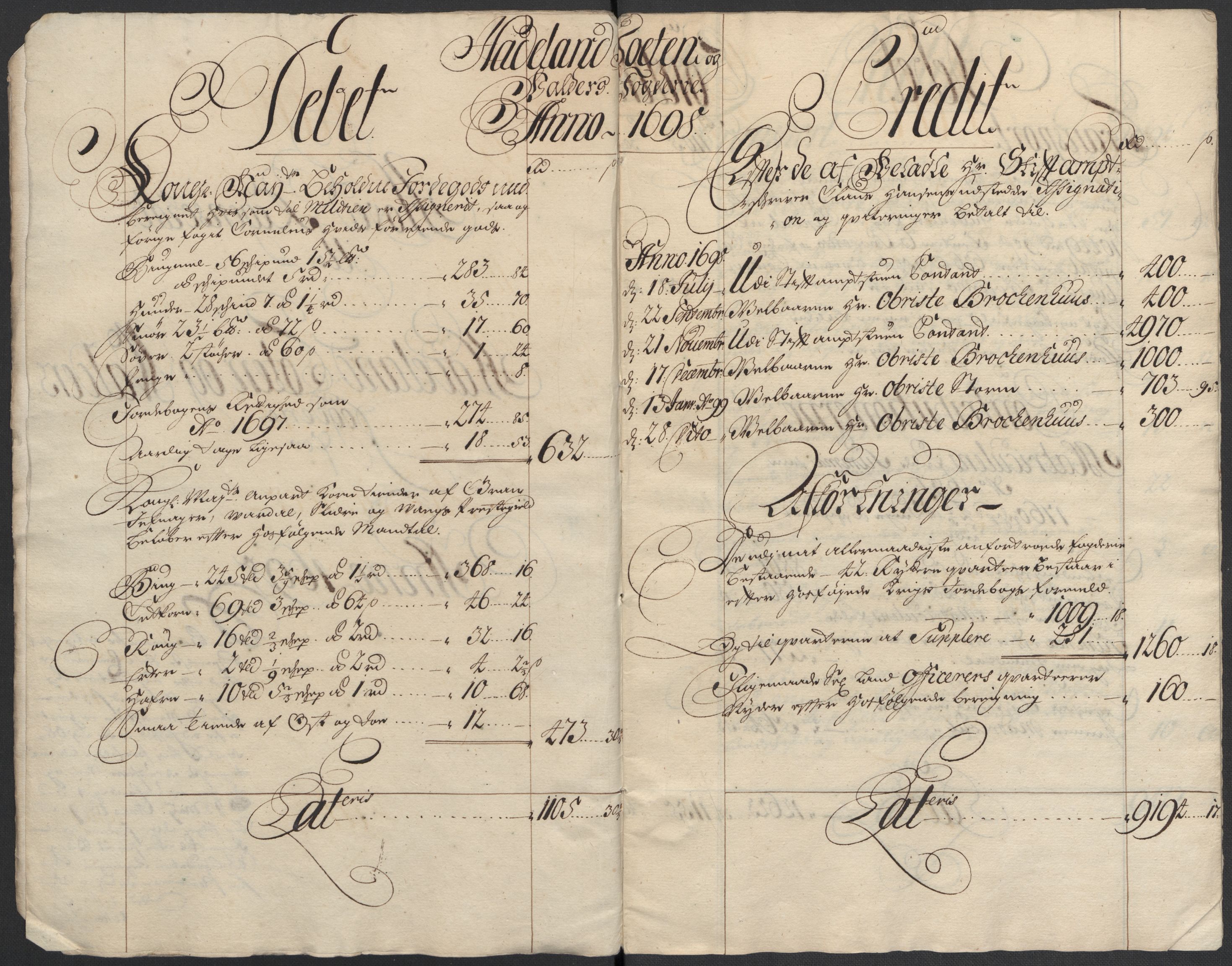 Rentekammeret inntil 1814, Reviderte regnskaper, Fogderegnskap, AV/RA-EA-4092/R18/L1296: Fogderegnskap Hadeland, Toten og Valdres, 1698, s. 9