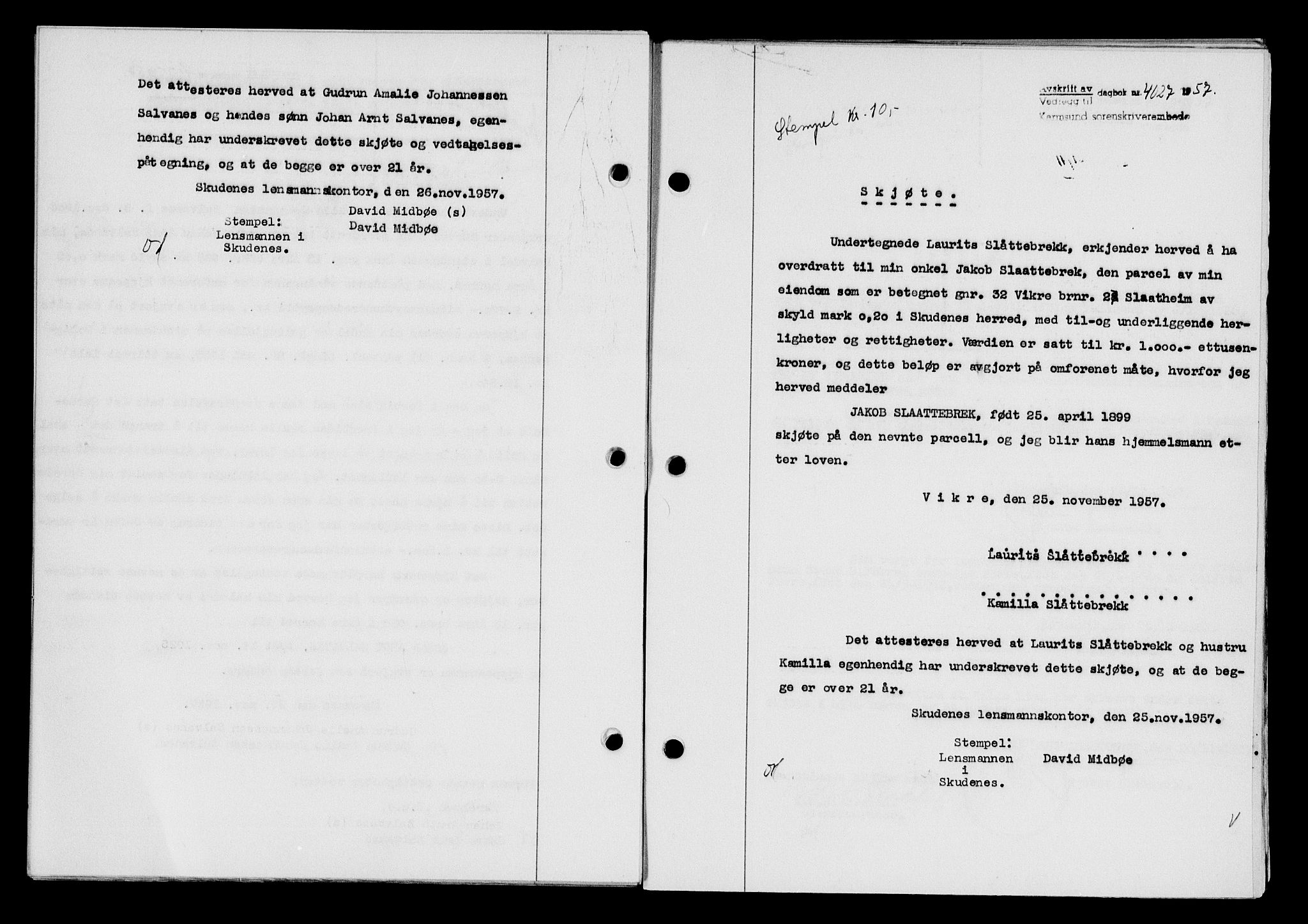 Karmsund sorenskriveri, SAST/A-100311/01/II/IIB/L0127: Pantebok nr. 107A, 1957-1958, Dagboknr: 4027/1957