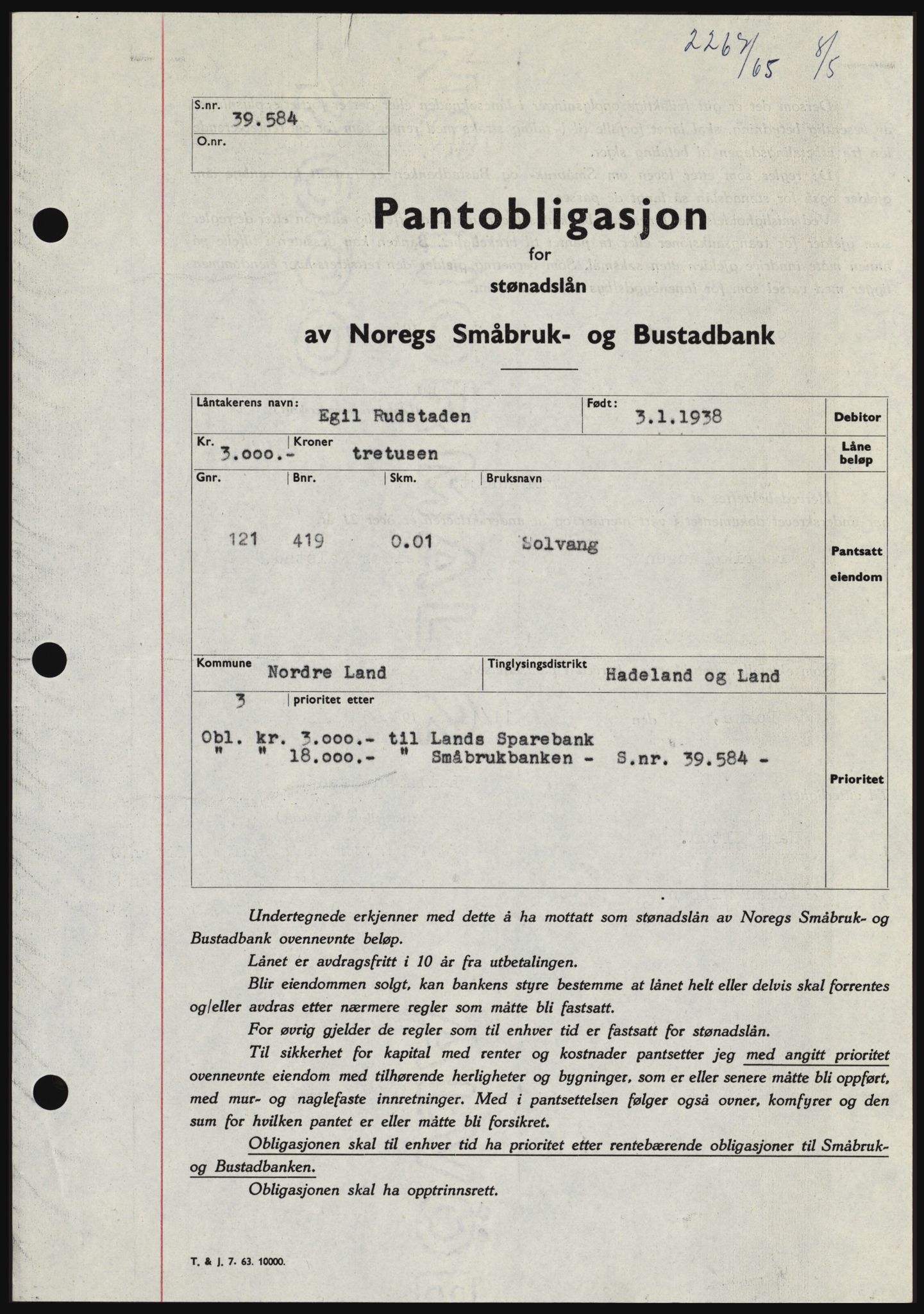 Hadeland og Land tingrett, SAH/TING-010/H/Hb/Hbc/L0058: Pantebok nr. B58, 1965-1965, Dagboknr: 2267/1965