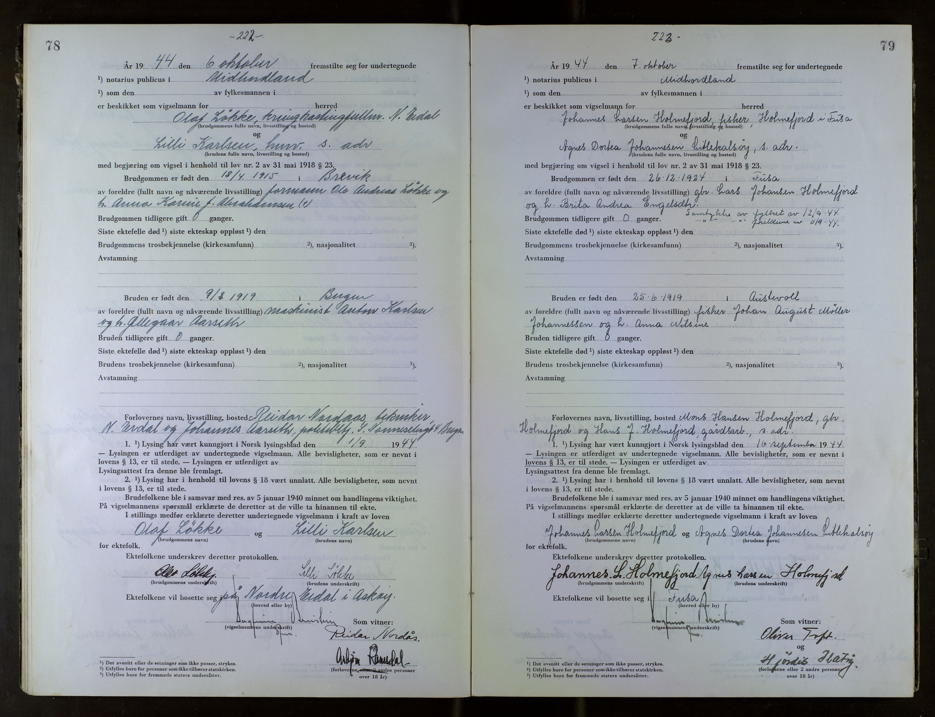 Midhordland sorenskriveri, AV/SAB-A-3001/1/M/Mc/Mca/L0006: Notarialbilag. Vigselbøker, 1944-1945, s. 78-79