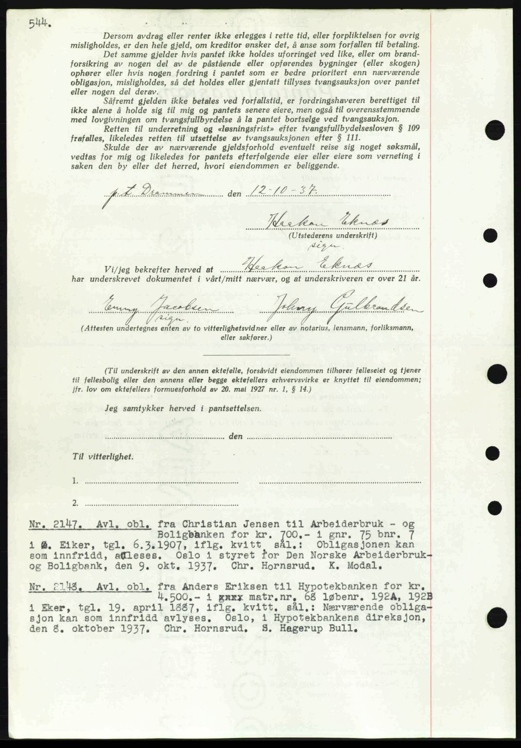 Eiker, Modum og Sigdal sorenskriveri, SAKO/A-123/G/Ga/Gab/L0036: Pantebok nr. A6, 1937-1937, Dagboknr: 2147/1937