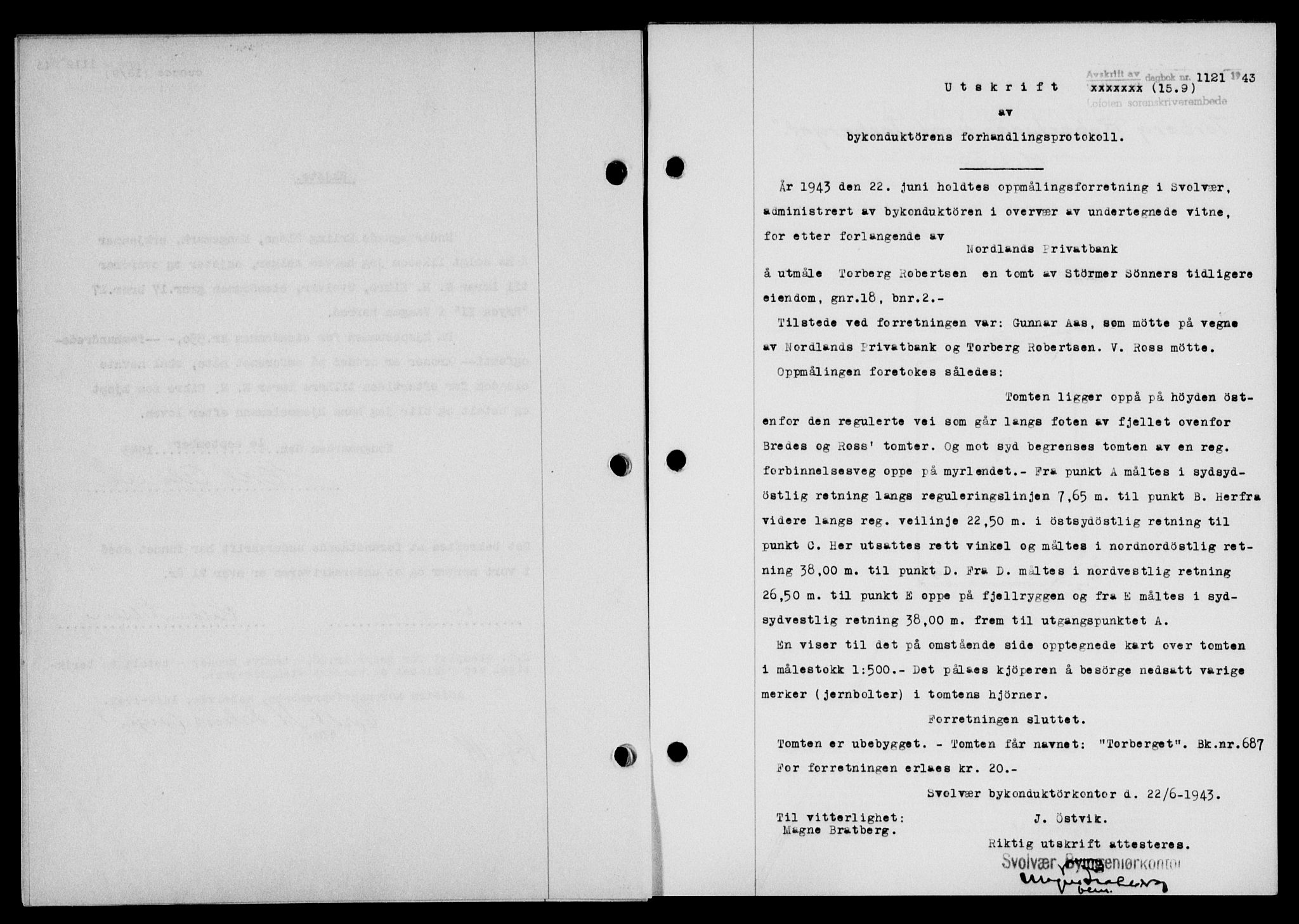 Lofoten sorenskriveri, SAT/A-0017/1/2/2C/L0011a: Pantebok nr. 11a, 1943-1943, Dagboknr: 1121/1943