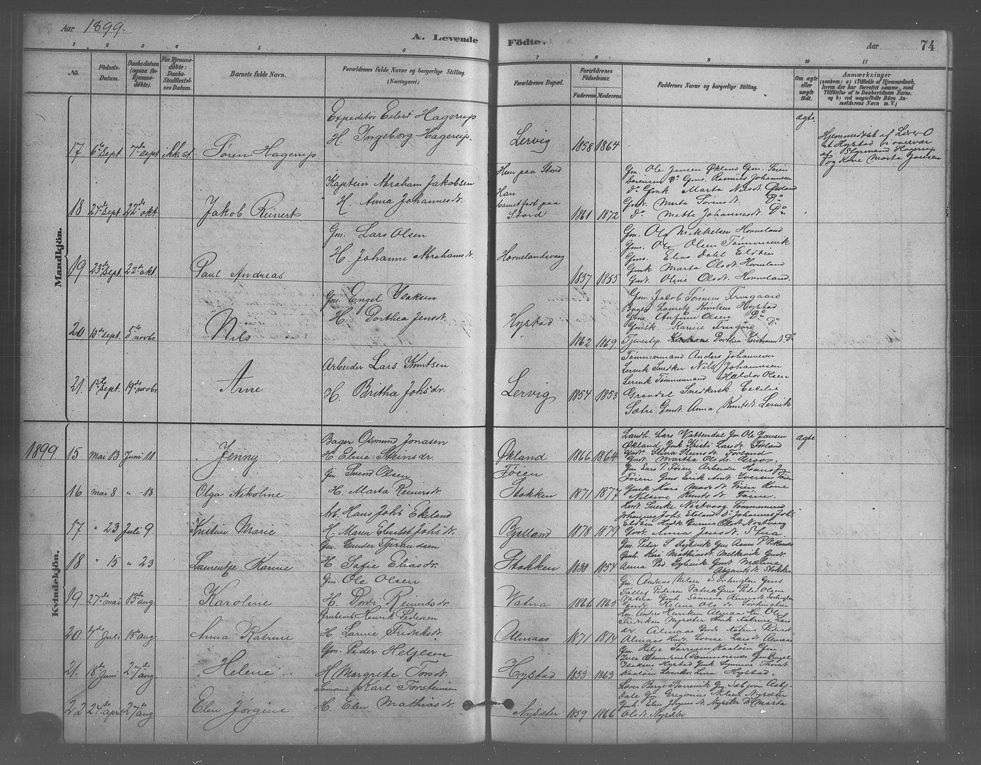 Stord sokneprestembete, AV/SAB-A-78201/H/Hab: Klokkerbok nr. A 2, 1879-1909, s. 74