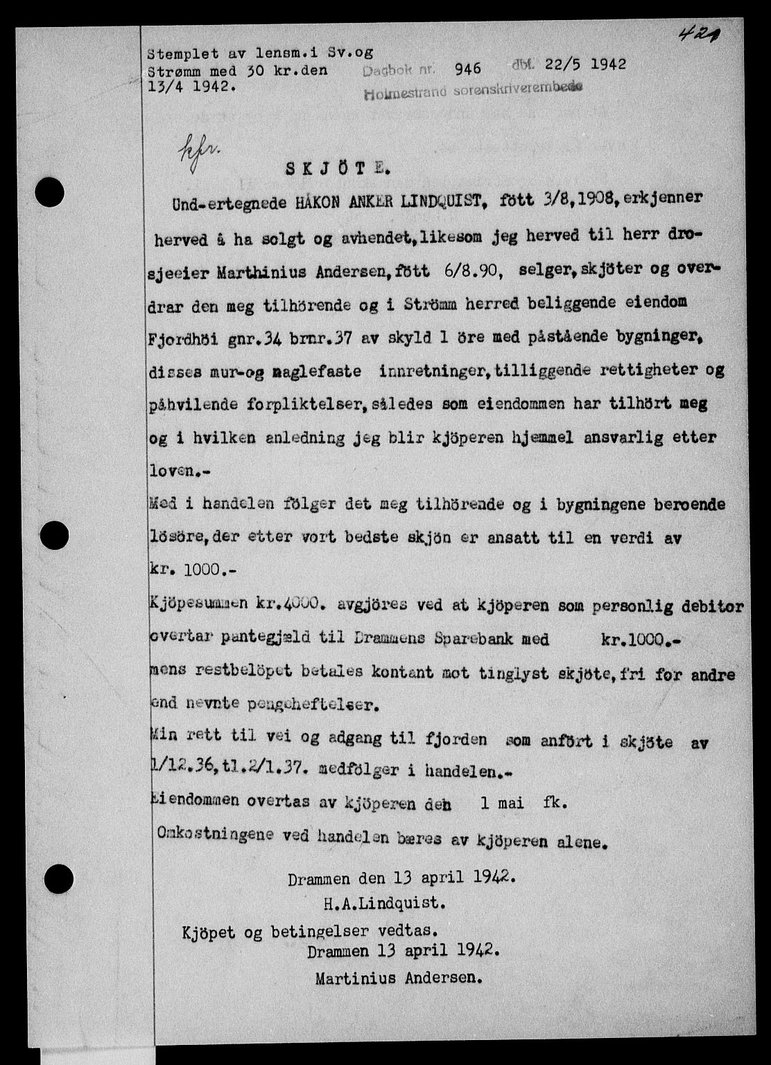 Holmestrand sorenskriveri, SAKO/A-67/G/Ga/Gaa/L0055: Pantebok nr. A-55, 1942-1942, Dagboknr: 946/1942
