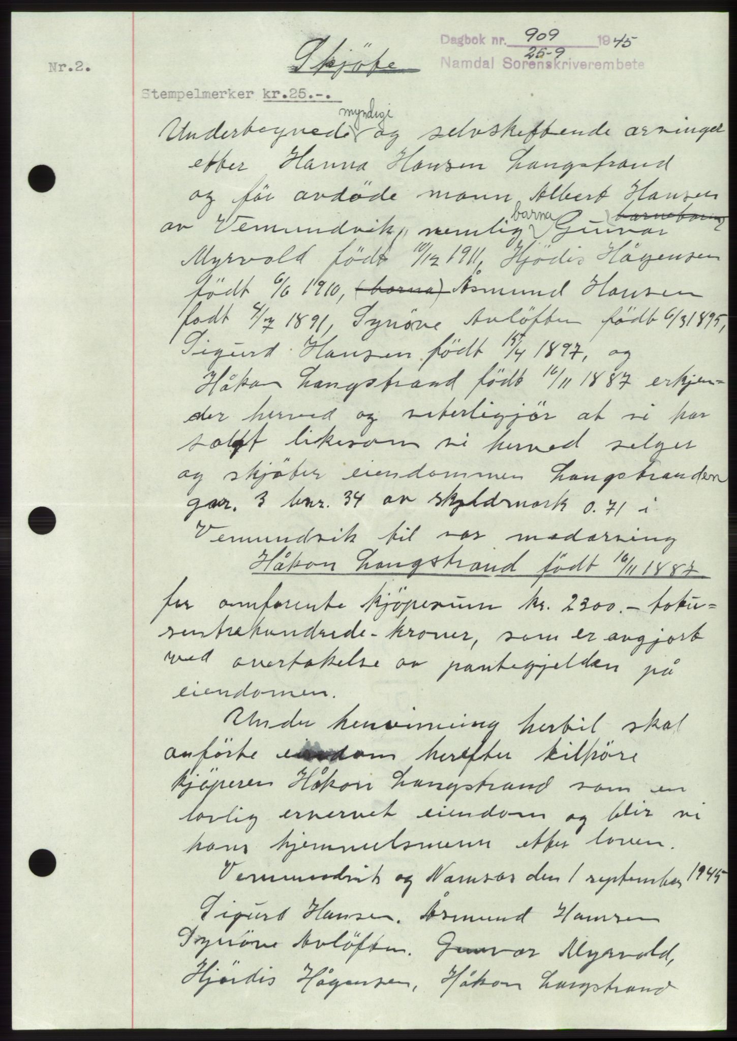 Namdal sorenskriveri, SAT/A-4133/1/2/2C: Pantebok nr. -, 1944-1945, Dagboknr: 909/1945