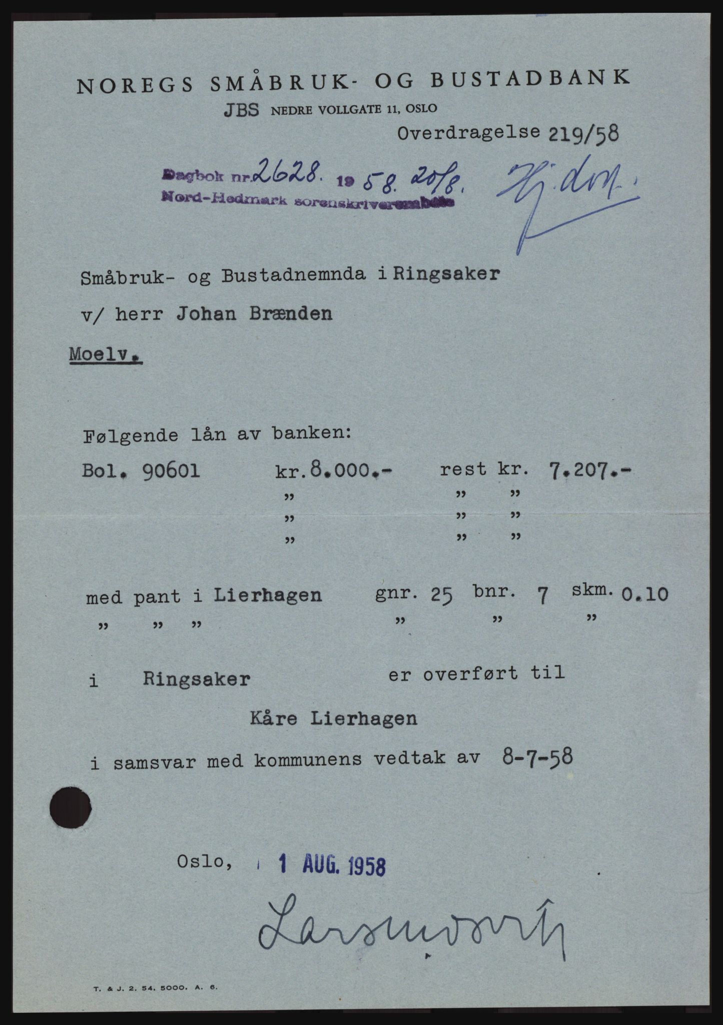 Nord-Hedmark sorenskriveri, SAH/TING-012/H/Hc/L0012: Pantebok nr. 12, 1957-1958, Dagboknr: 2628/1958