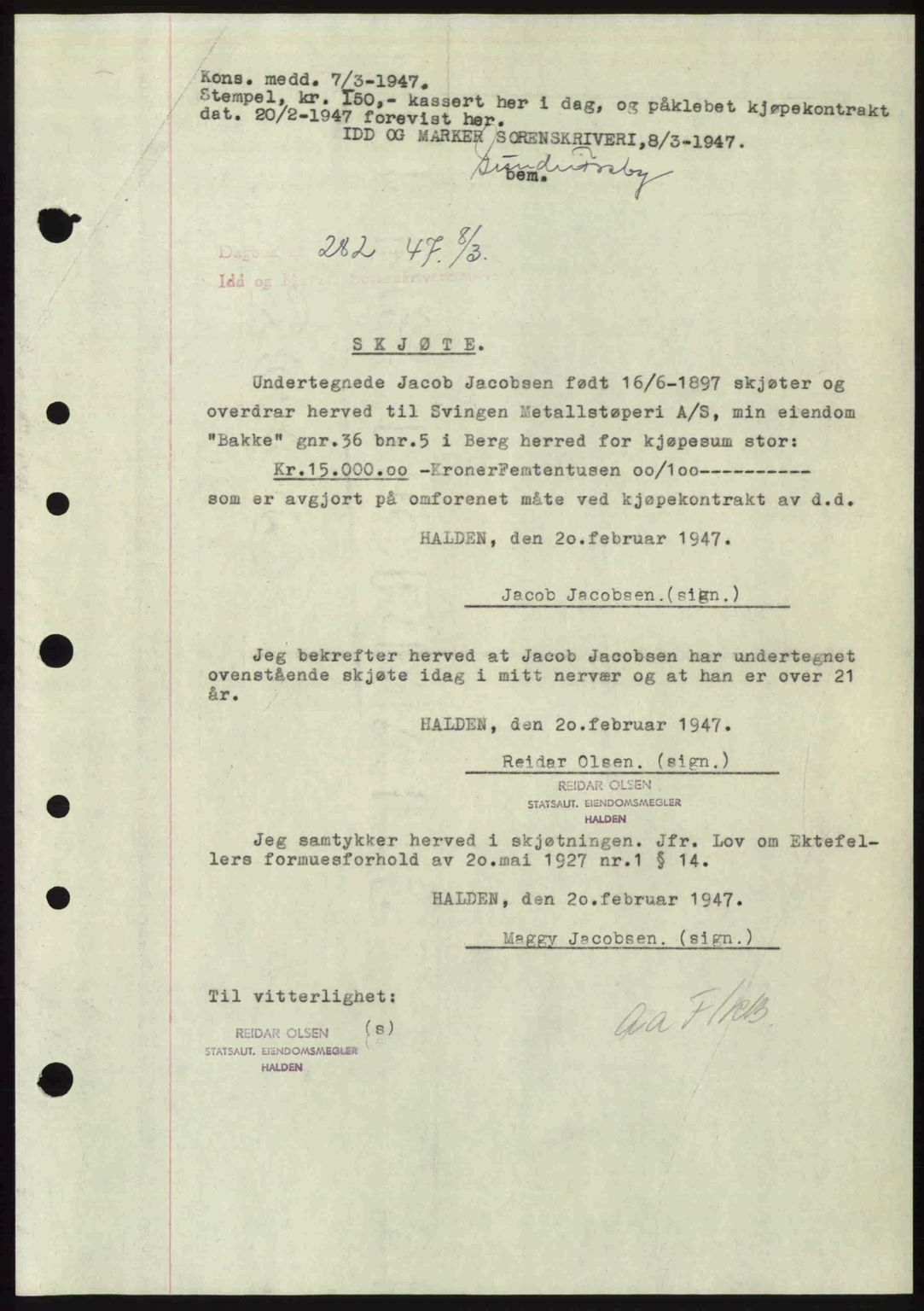 Idd og Marker sorenskriveri, SAO/A-10283/G/Gb/Gbb/L0009: Pantebok nr. A9, 1946-1947, Dagboknr: 282/1947