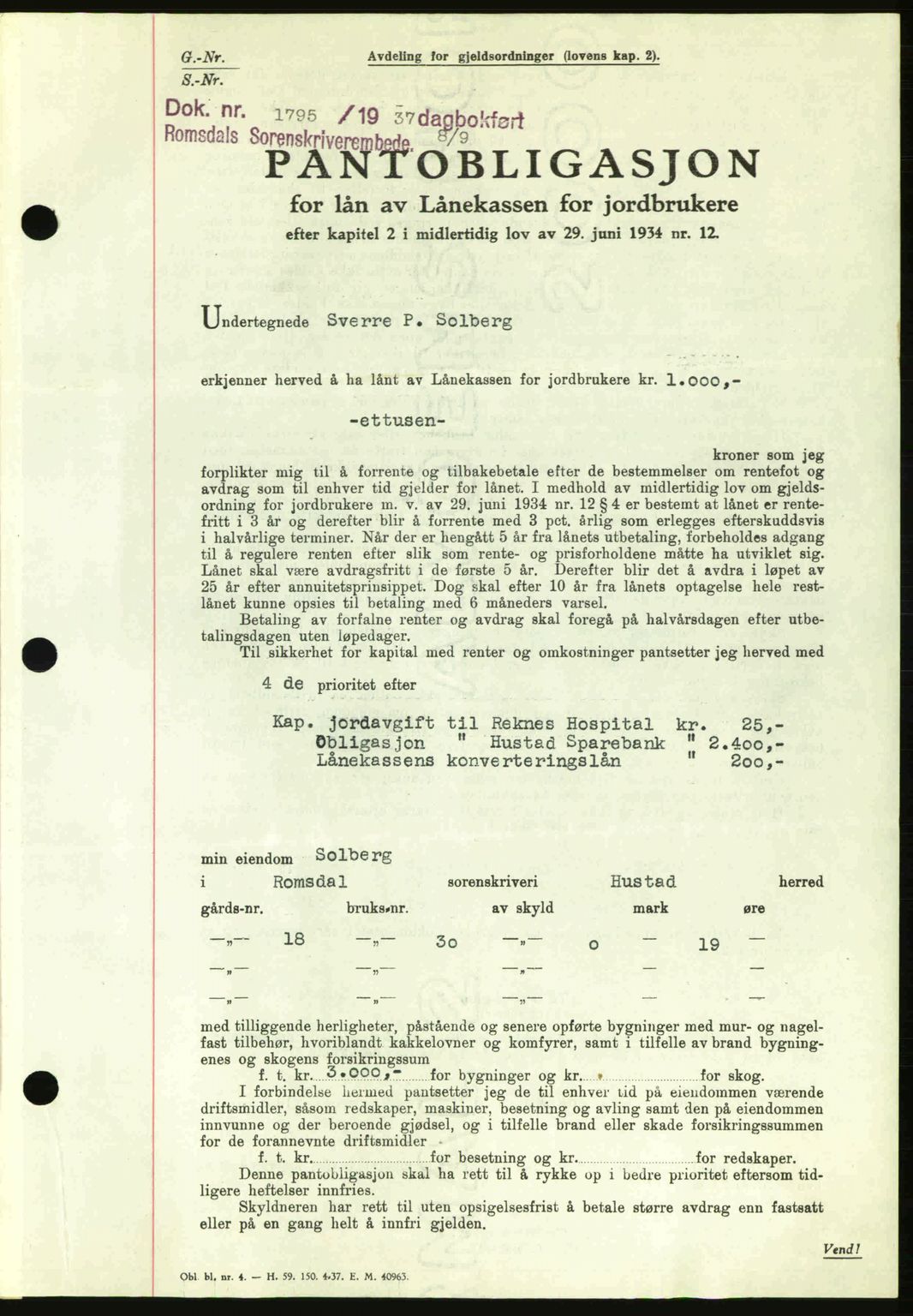 Romsdal sorenskriveri, SAT/A-4149/1/2/2C: Pantebok nr. B1, 1936-1939, Dagboknr: 1795/1937
