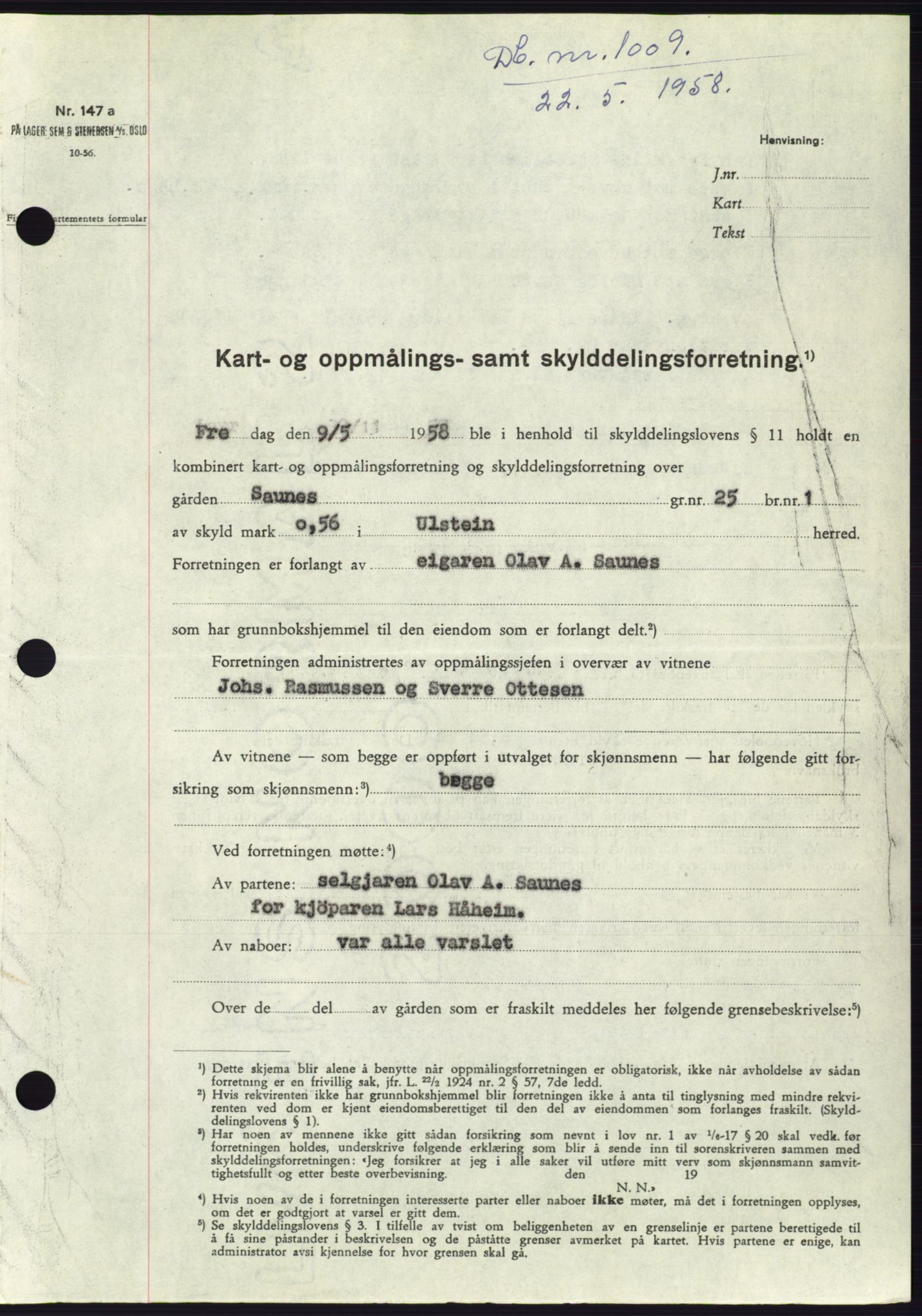 Søre Sunnmøre sorenskriveri, SAT/A-4122/1/2/2C/L0109: Pantebok nr. 35A, 1958-1958, Dagboknr: 1009/1958