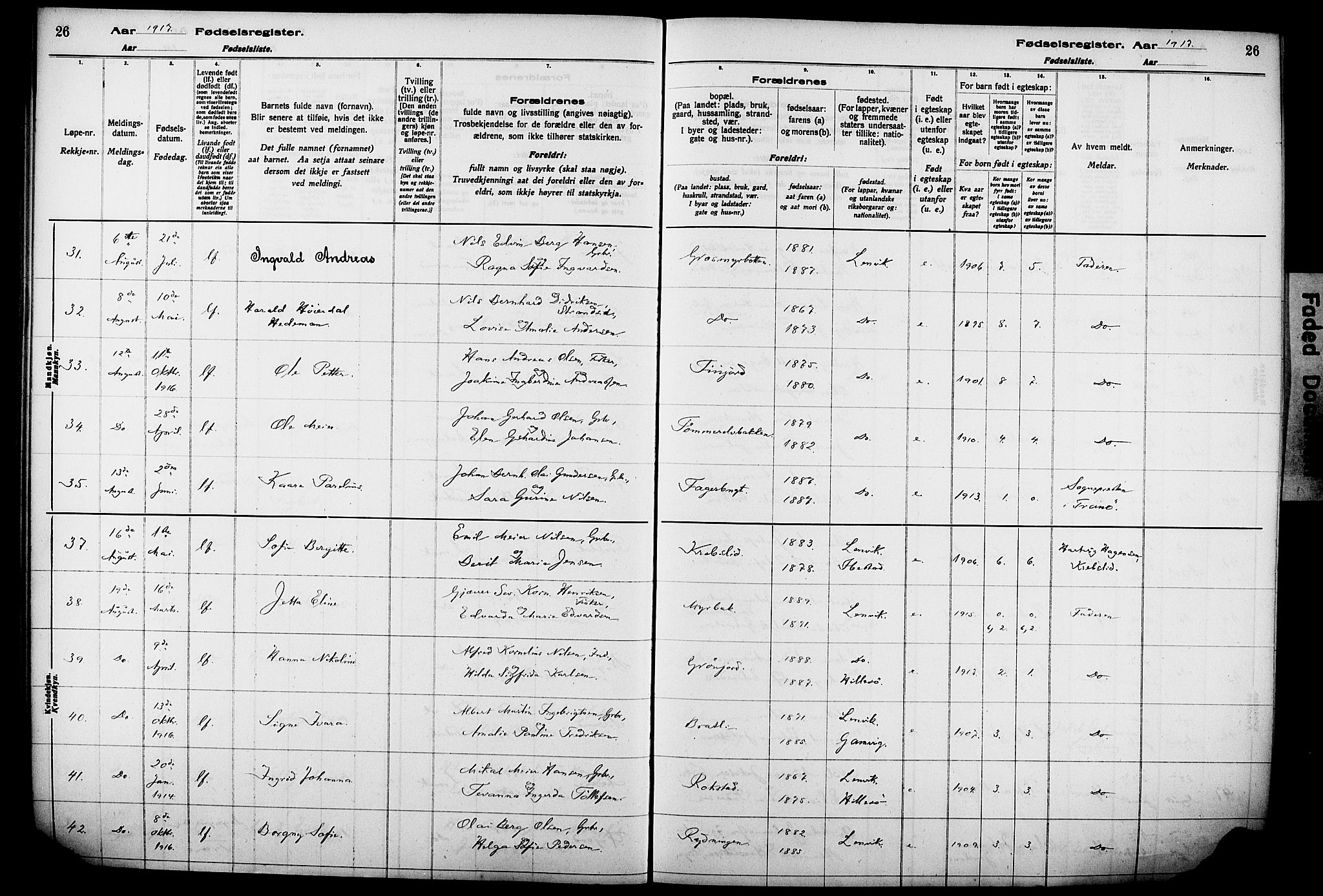 Lenvik sokneprestembete, AV/SATØ-S-1310/I/Ic/L0089: Fødselsregister nr. 89, 1916-1926, s. 26