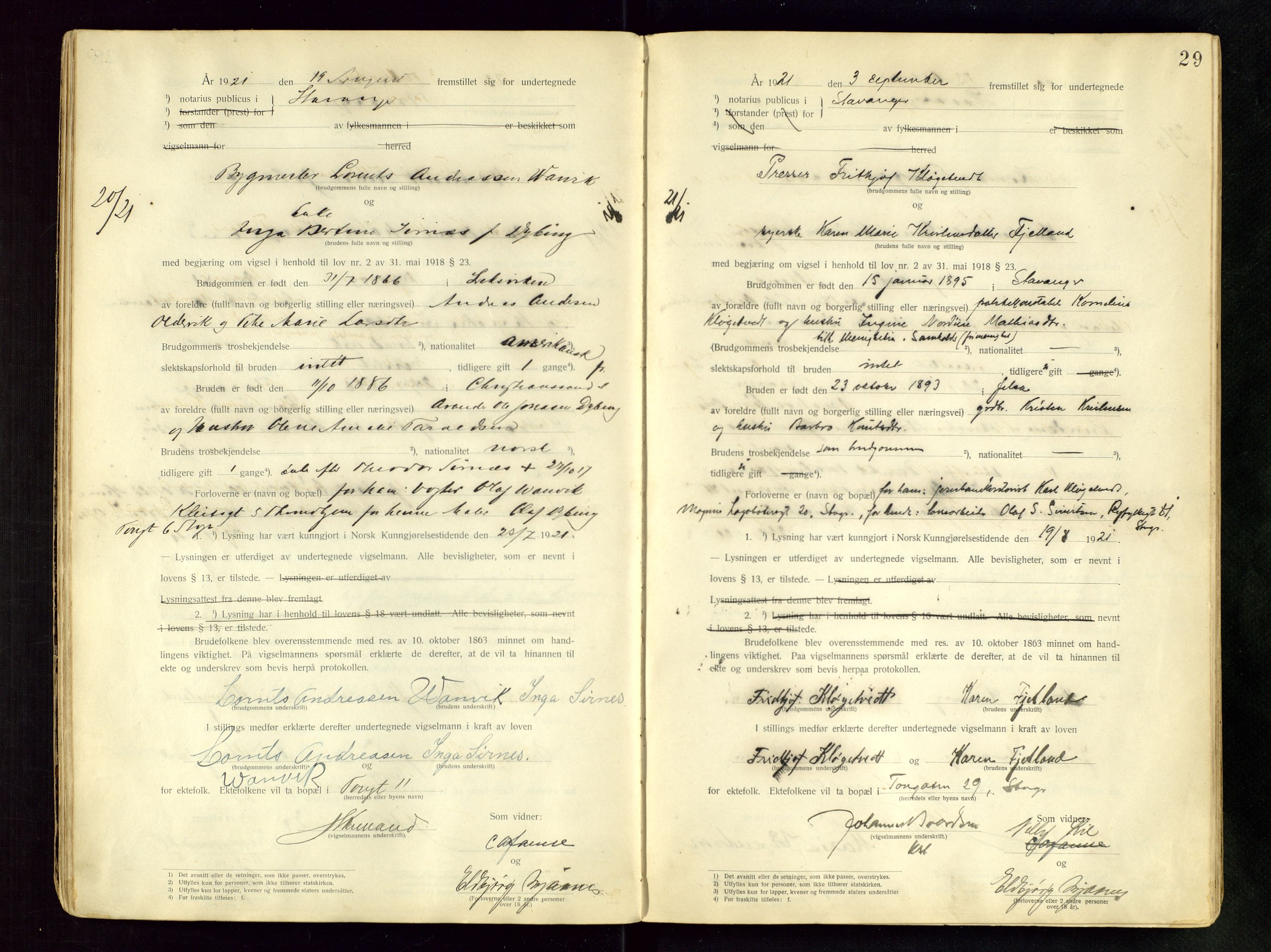 Stavanger byfogd, AV/SAST-A-101408/001/6/62/62BB/L0001: Vigselsprotokoll, 1920-1926, s. 29