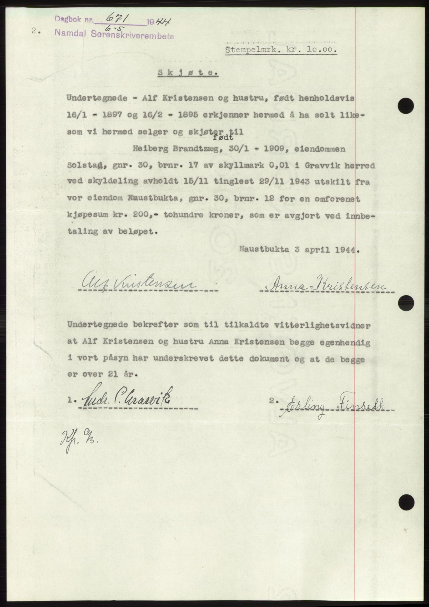 Namdal sorenskriveri, SAT/A-4133/1/2/2C: Pantebok nr. -, 1944-1945, Dagboknr: 671/1944