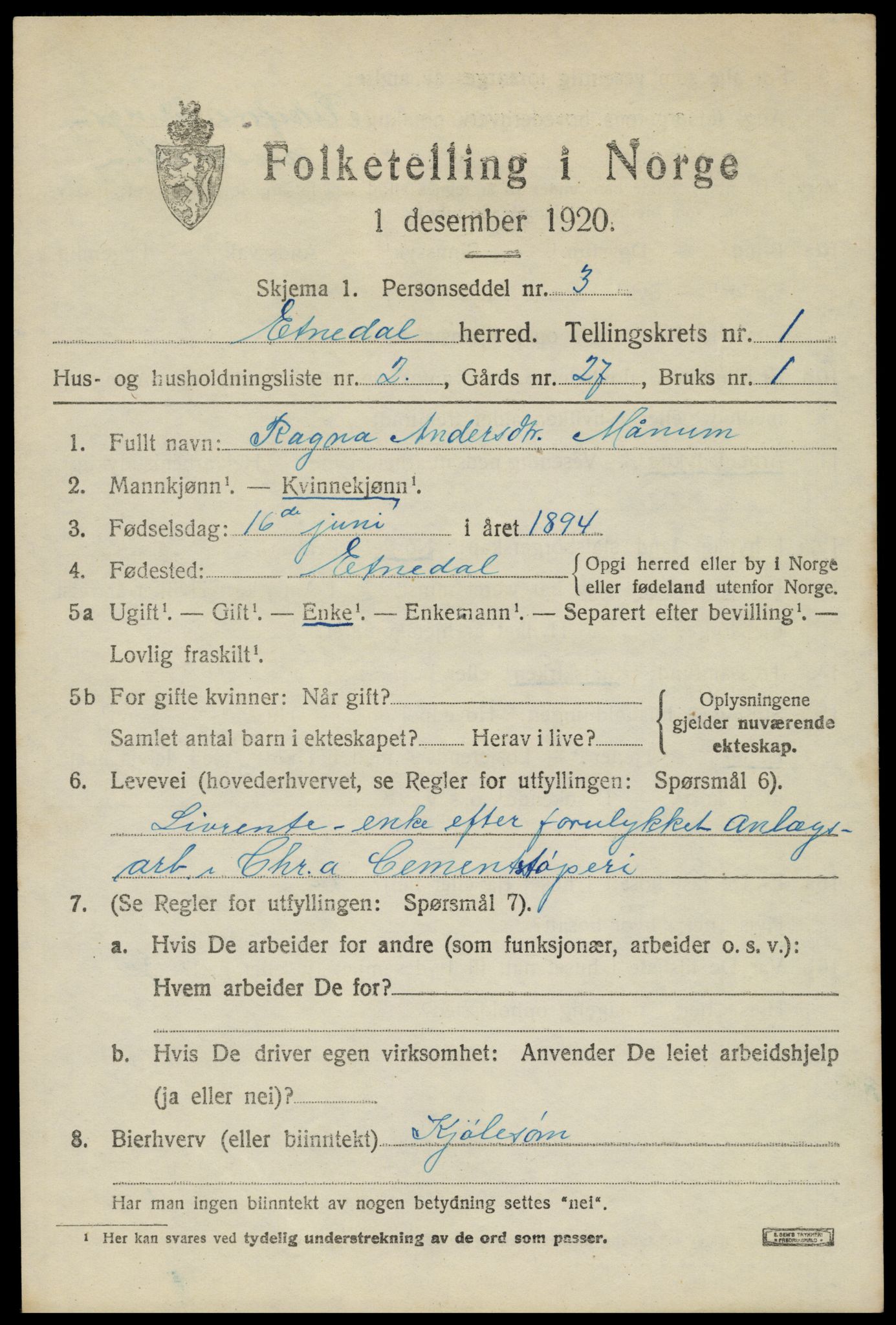 SAH, Folketelling 1920 for 0541 Etnedal herred, 1920, s. 806