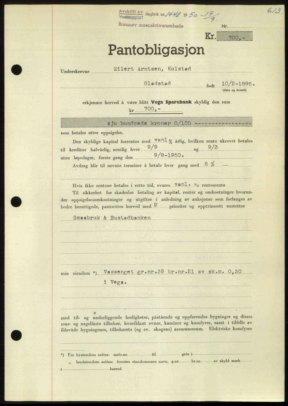 Brønnøy sorenskriveri, SAT/A-4170/1/2/2C: Pantebok nr. 36, 1950-1950, Dagboknr: 1448/1950
