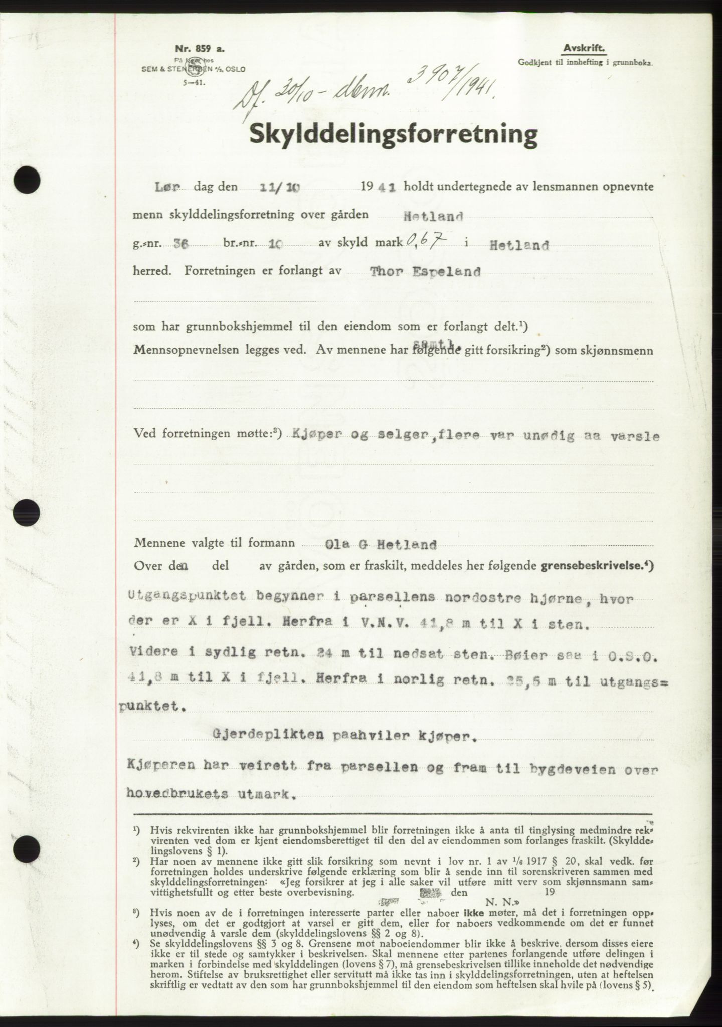Jæren sorenskriveri, SAST/A-100310/03/G/Gba/L0081: Pantebok, 1941-1941, Dagboknr: 3907/1941