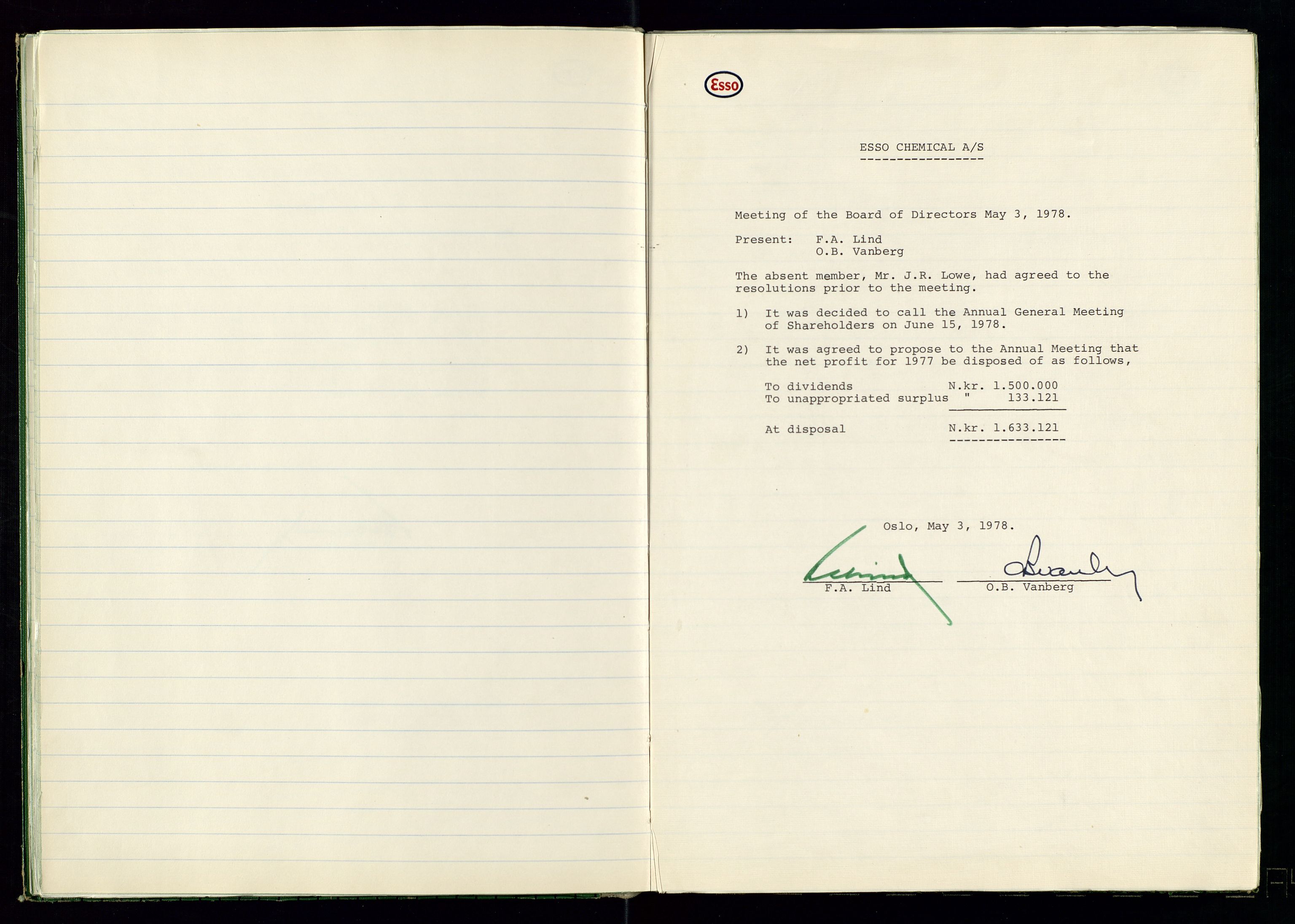 PA 1538 - Exxon Chemical Norge A/S, AV/SAST-A-101958/A/Aa/L0001/0001: Generalforsamlinger og styreprotokoller / Styreprotokoll, 1966-1996