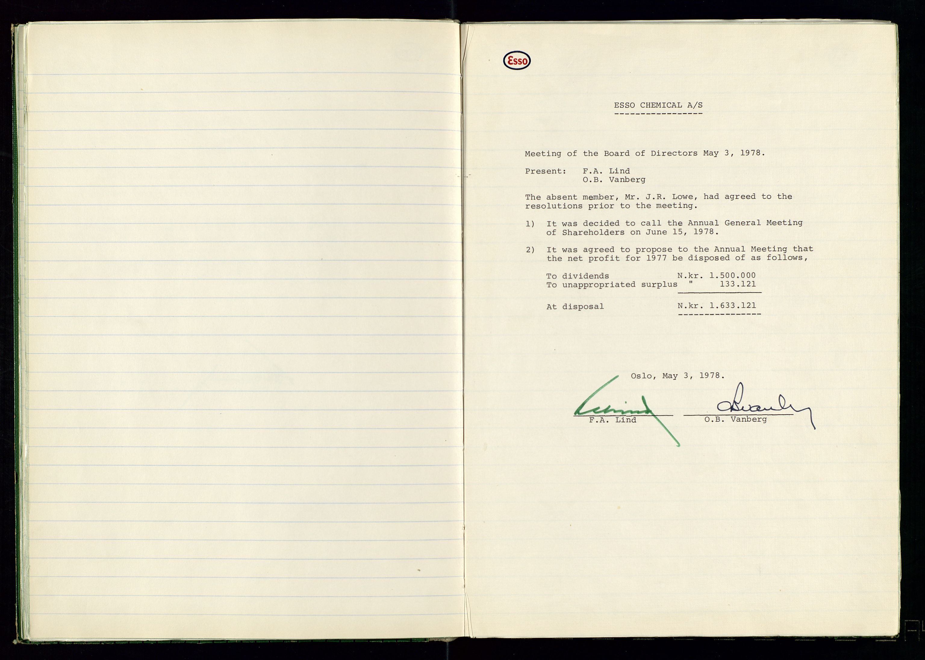 PA 1538 - Exxon Chemical Norge A/S, SAST/A-101958/A/Aa/L0001/0001: Generalforsamlinger og styreprotokoller / Styreprotokoll, 1966-1996