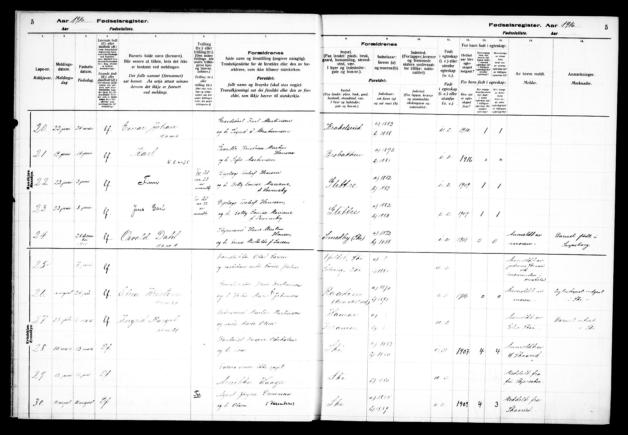 Kråkstad prestekontor Kirkebøker, AV/SAO-A-10125a/J/Jb/L0001: Fødselsregister nr. II 1, 1916-1936, s. 5