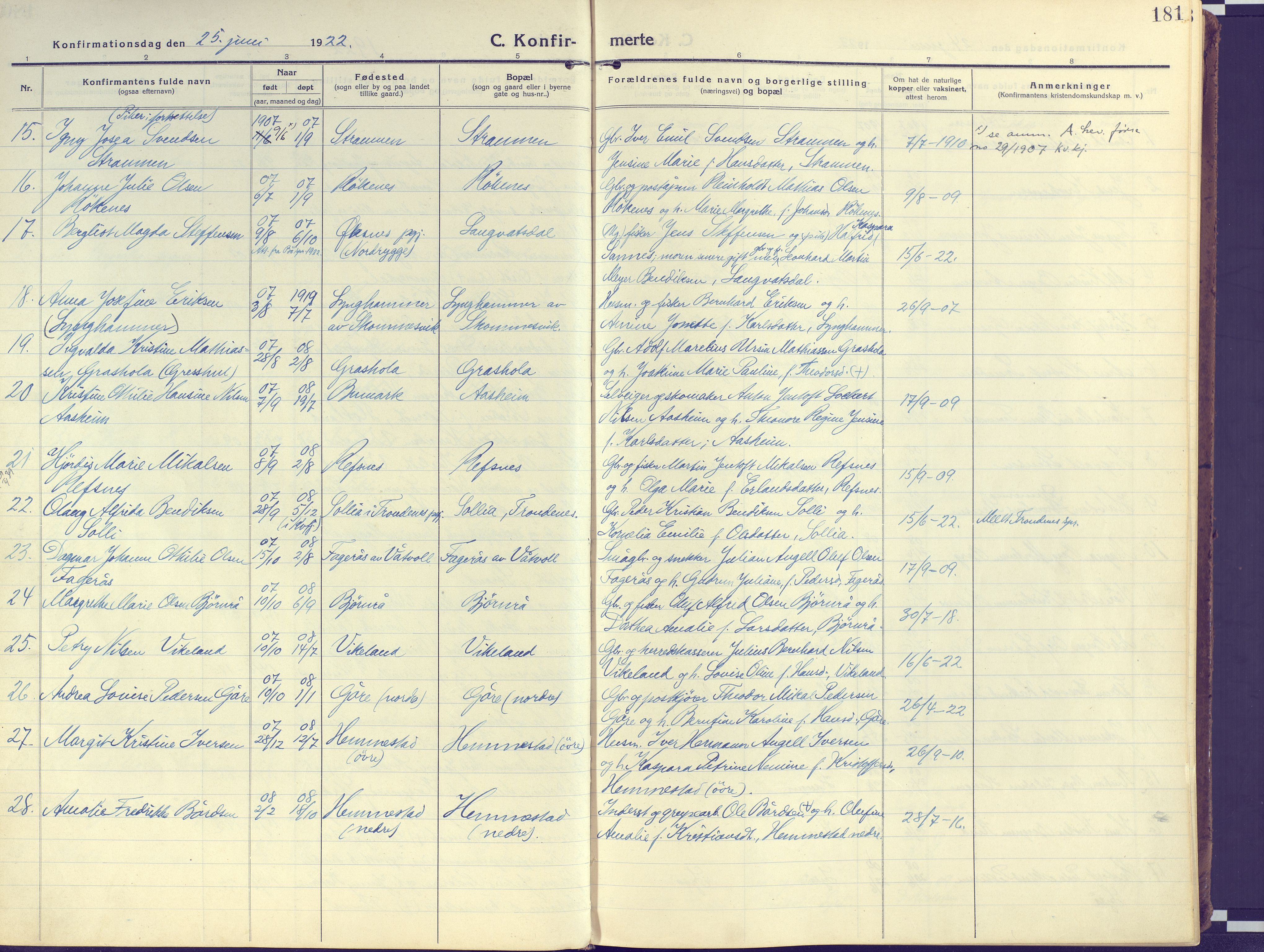 Kvæfjord sokneprestkontor, AV/SATØ-S-1323/G/Ga/Gaa/L0007kirke: Ministerialbok nr. 7, 1915-1931, s. 181