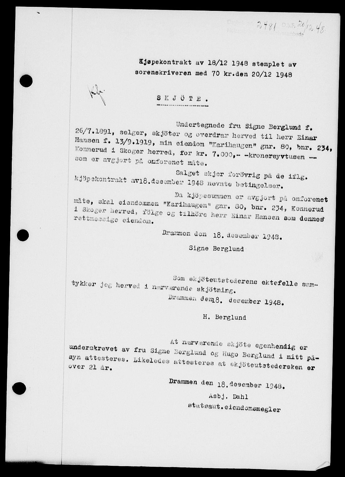 Holmestrand sorenskriveri, SAKO/A-67/G/Ga/Gaa/L0065: Pantebok nr. A-65, 1948-1949, Dagboknr: 2481/1948