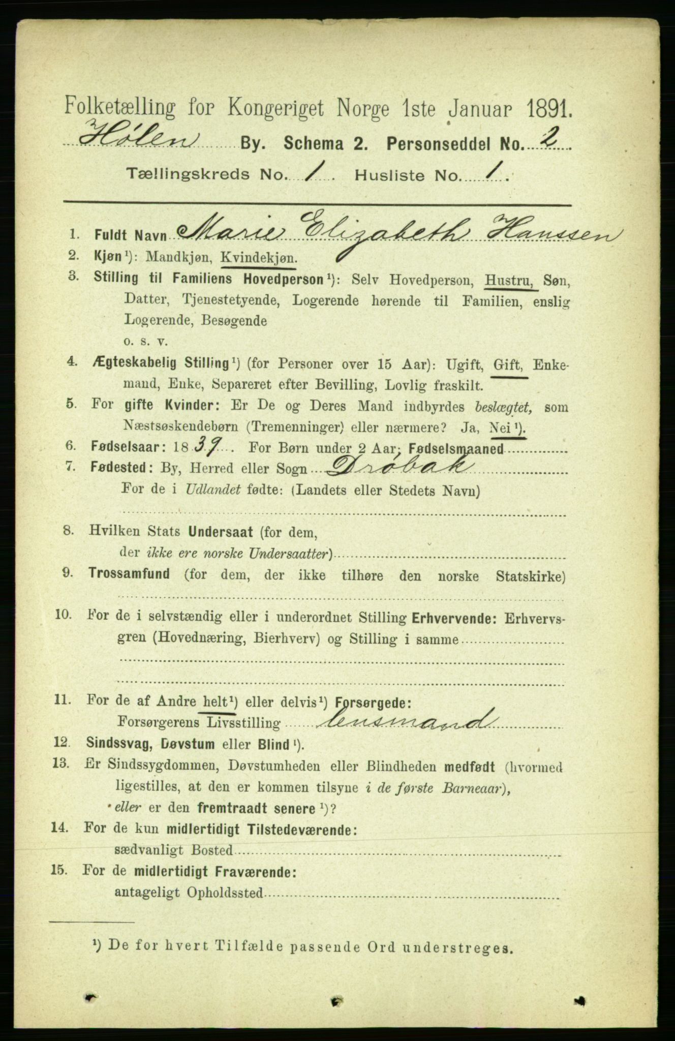RA, Folketelling 1891 for 0204 Hølen ladested, 1891, s. 10
