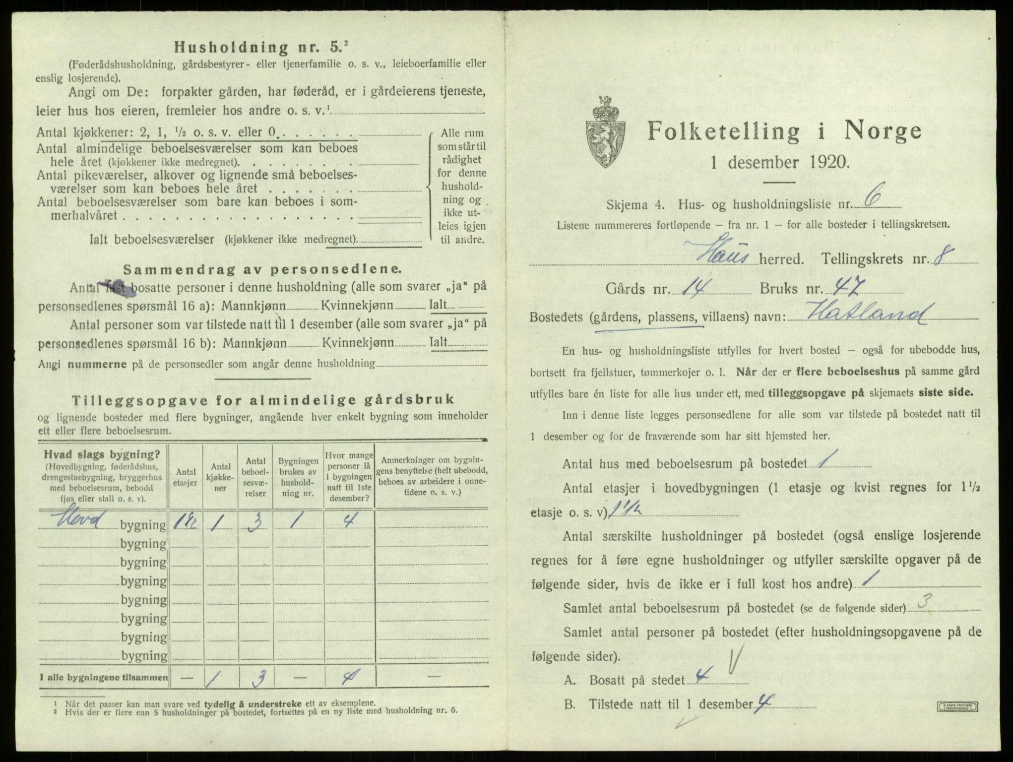 SAB, Folketelling 1920 for 1250 Haus herred, 1920, s. 510