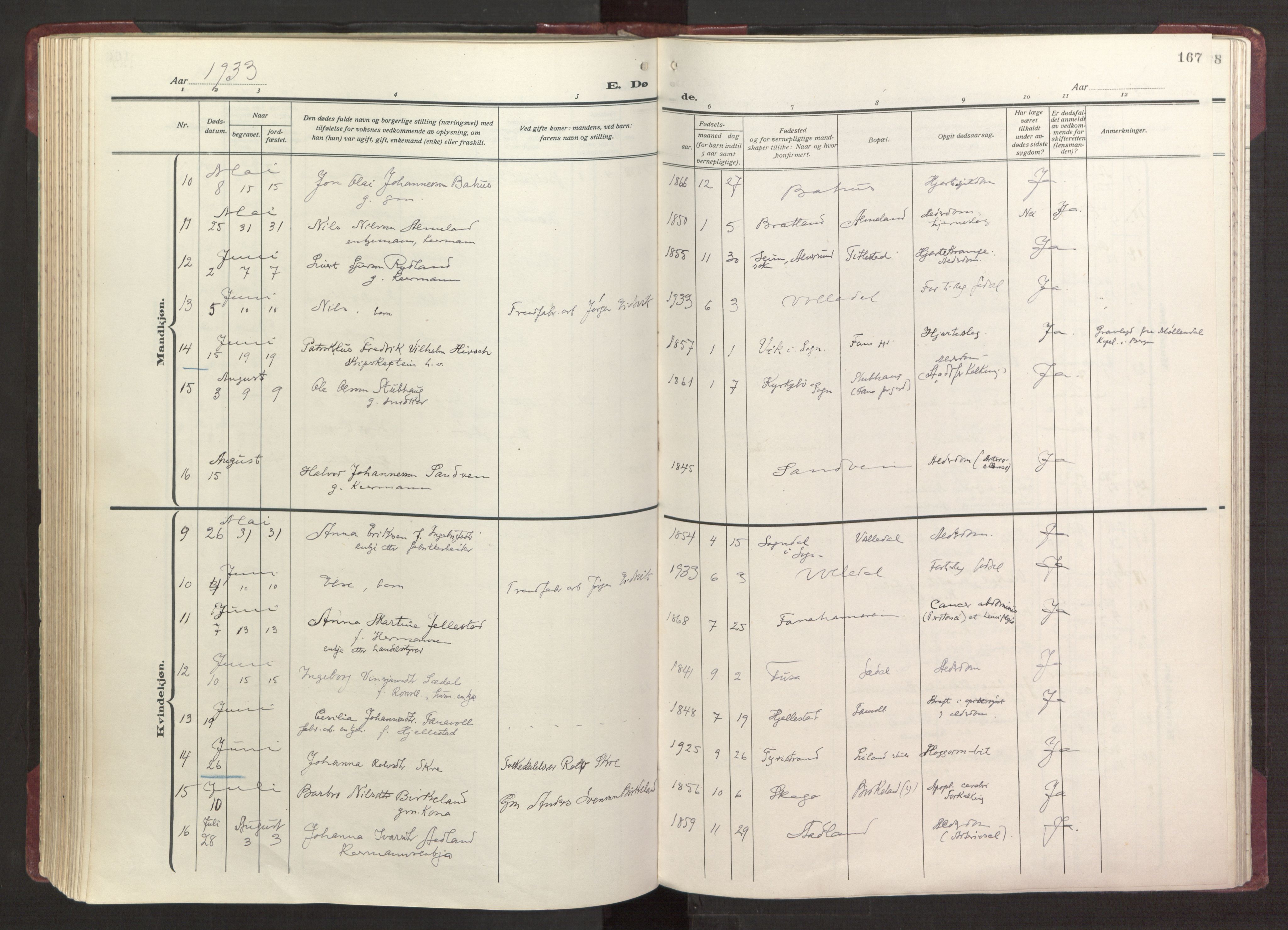 Fana Sokneprestembete, AV/SAB-A-75101/H/Haa/Haab/L0006: Ministerialbok nr. B 6, 1923-1967, s. 167