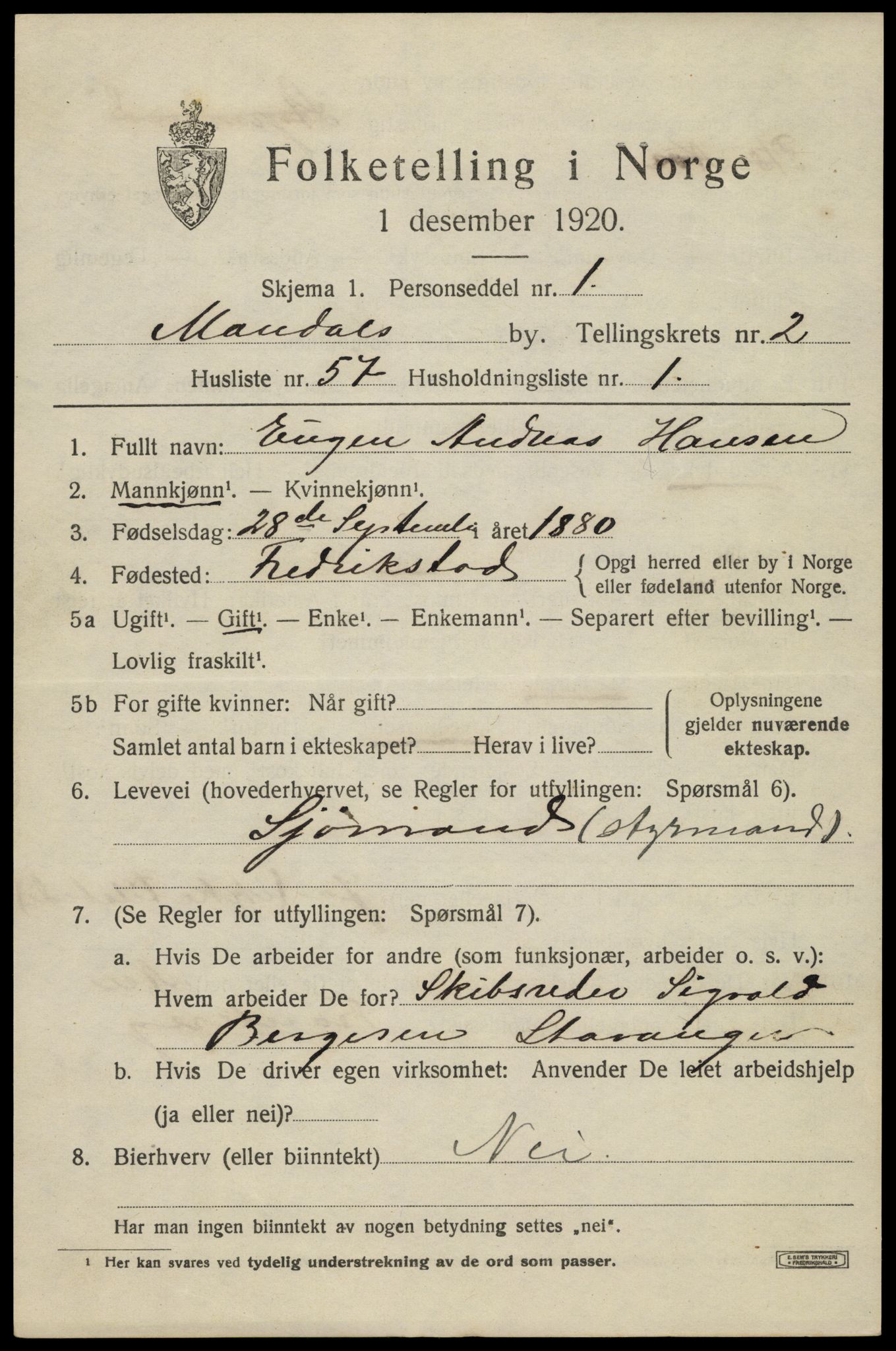 SAK, Folketelling 1920 for 1002 Mandal ladested, 1920, s. 4737