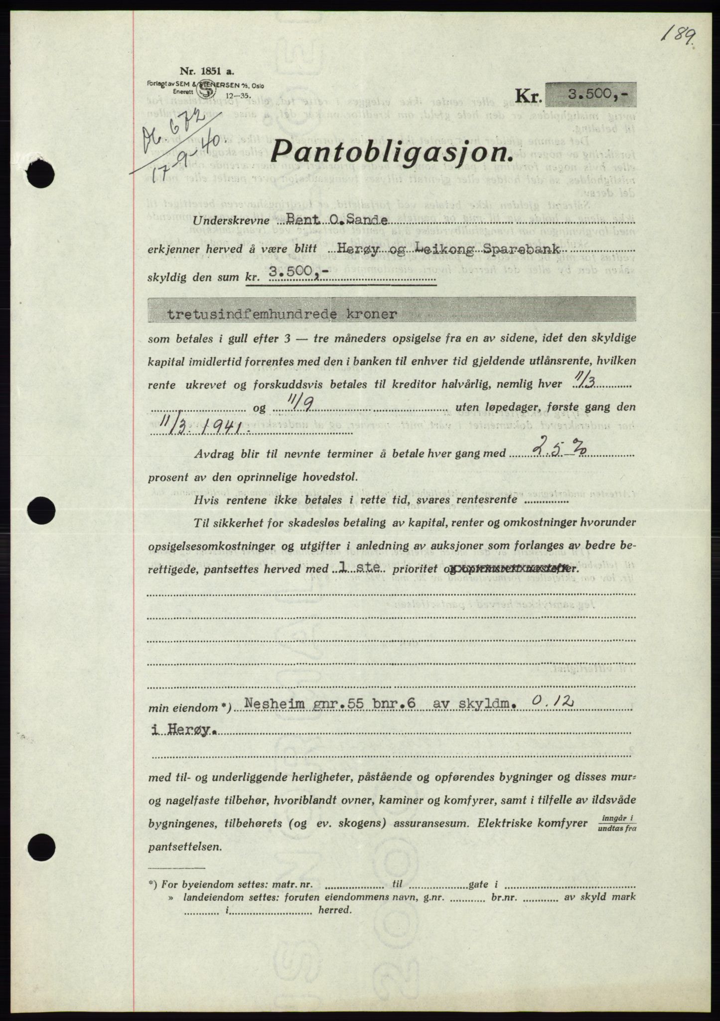 Søre Sunnmøre sorenskriveri, SAT/A-4122/1/2/2C/L0070: Pantebok nr. 64, 1940-1941, Dagboknr: 672/1940