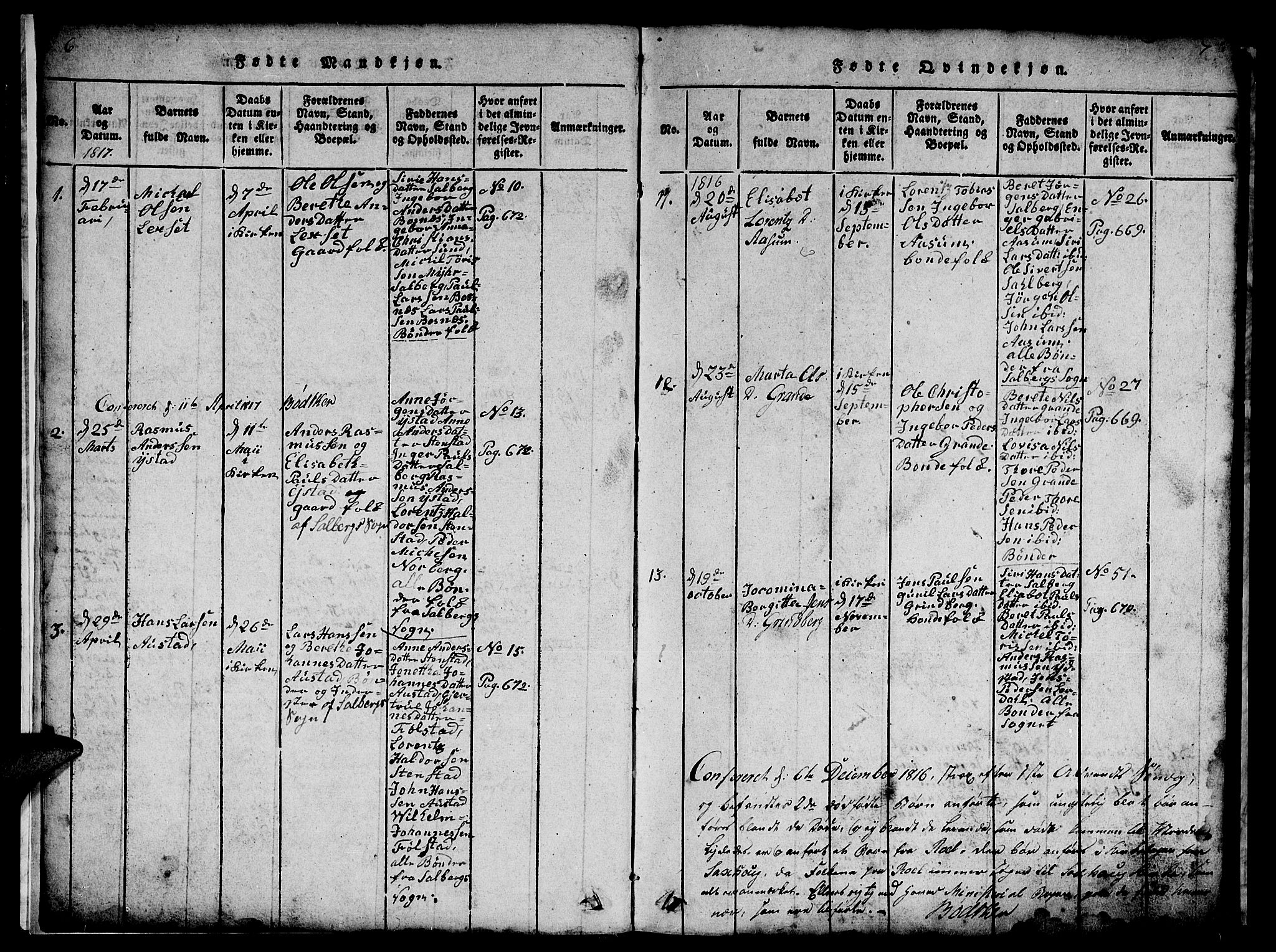 Ministerialprotokoller, klokkerbøker og fødselsregistre - Nord-Trøndelag, SAT/A-1458/731/L0310: Klokkerbok nr. 731C01, 1816-1874, s. 6-7