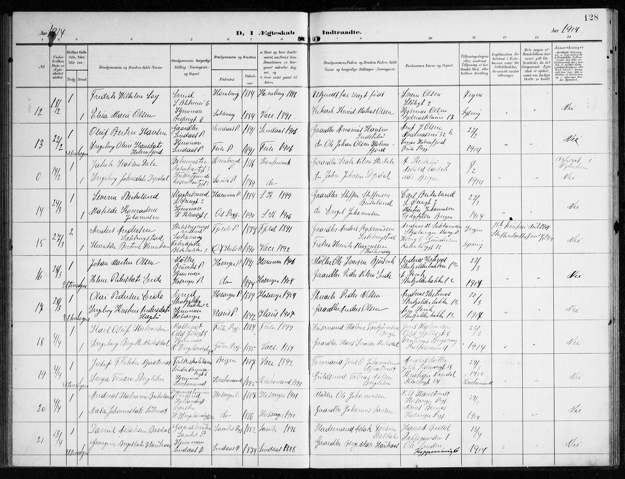 Korskirken sokneprestembete, AV/SAB-A-76101/H/Haa/L0038: Ministerialbok nr. D 5, 1904-1919, s. 128