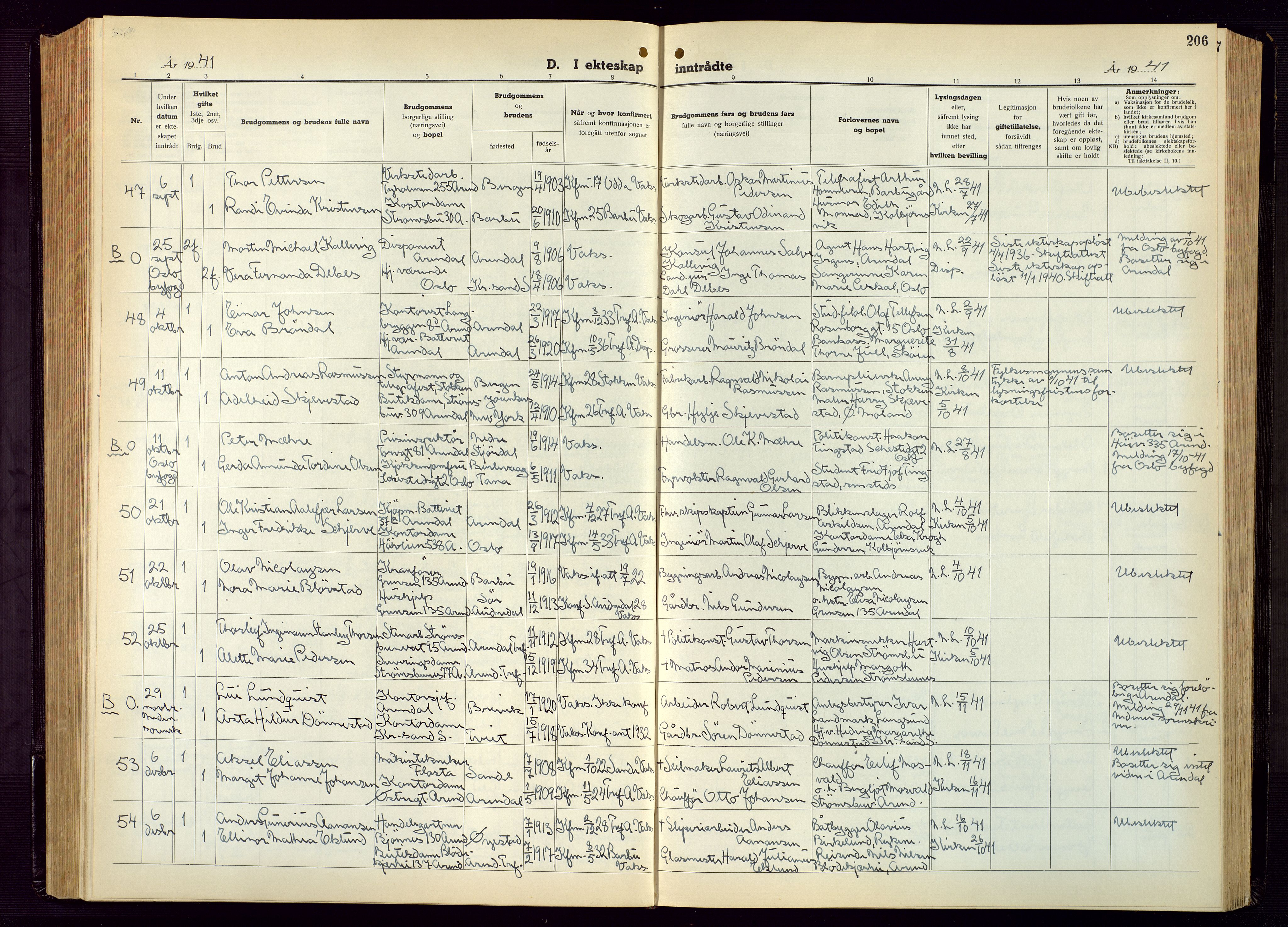 Arendal sokneprestkontor, Trefoldighet, AV/SAK-1111-0040/F/Fb/L0009: Klokkerbok nr. B 9, 1940-1949, s. 206