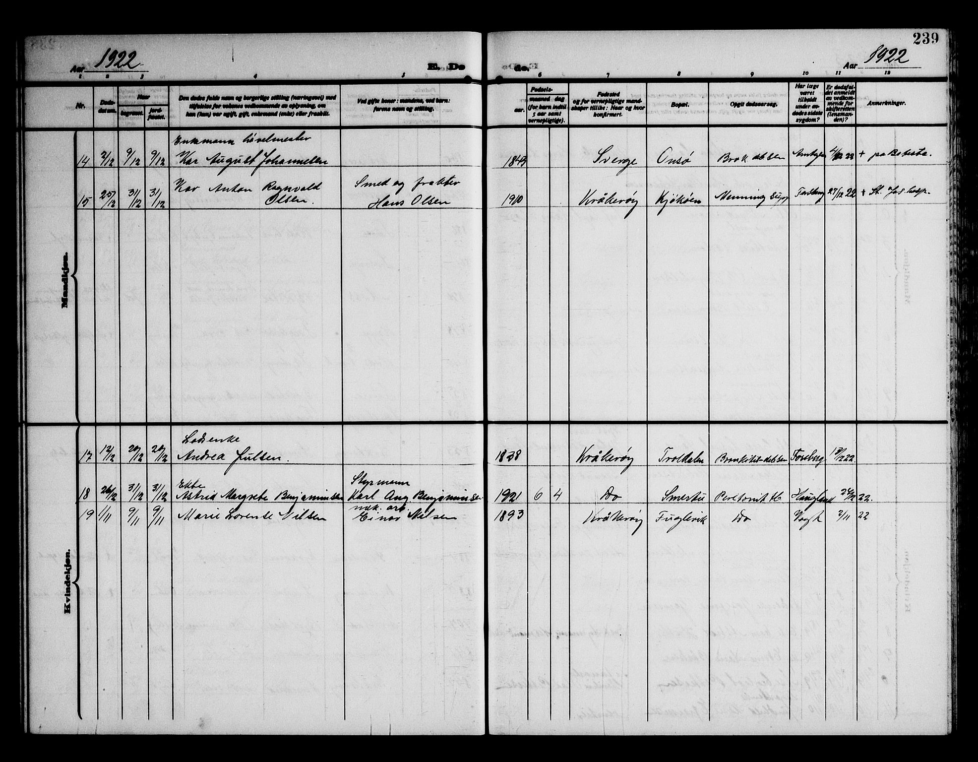 Kråkerøy prestekontor Kirkebøker, AV/SAO-A-10912/G/Ga/L0002: Klokkerbok nr. 2, 1908-1952, s. 239