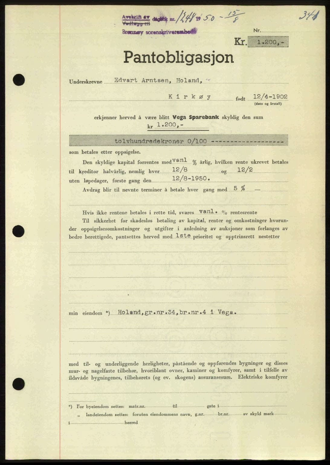 Brønnøy sorenskriveri, SAT/A-4170/1/2/2C: Pantebok nr. 36, 1950-1950, Dagboknr: 1248/1950