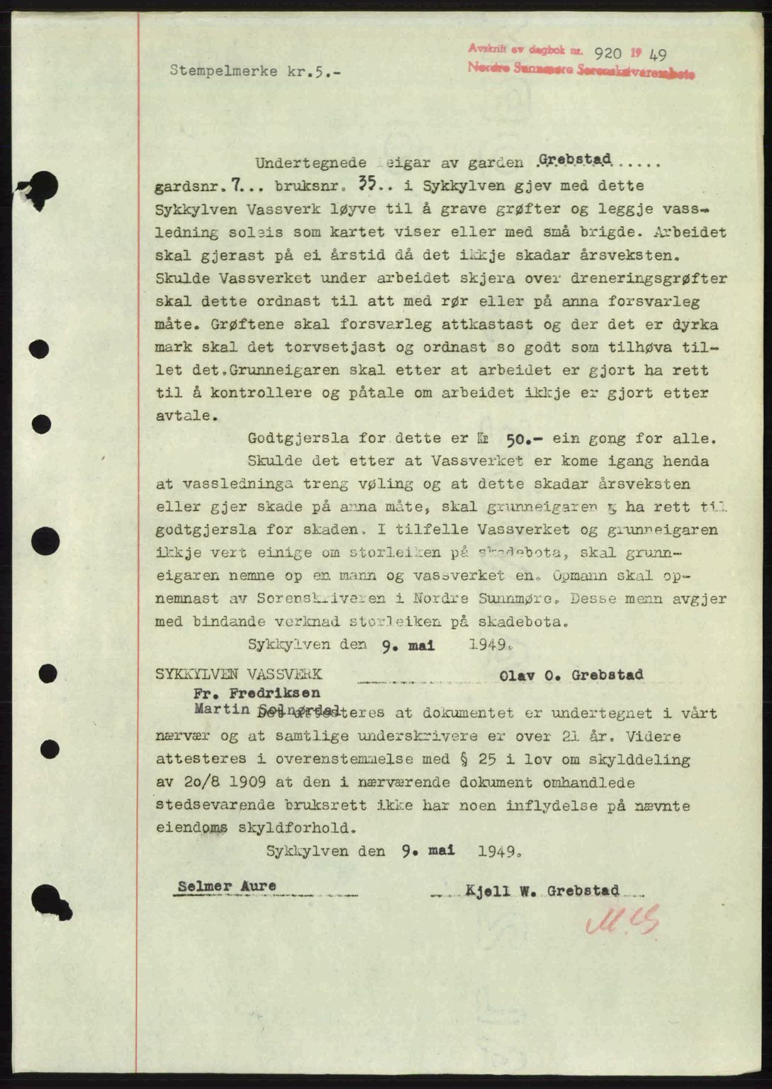 Nordre Sunnmøre sorenskriveri, SAT/A-0006/1/2/2C/2Ca: Pantebok nr. A30, 1949-1949, Dagboknr: 920/1949