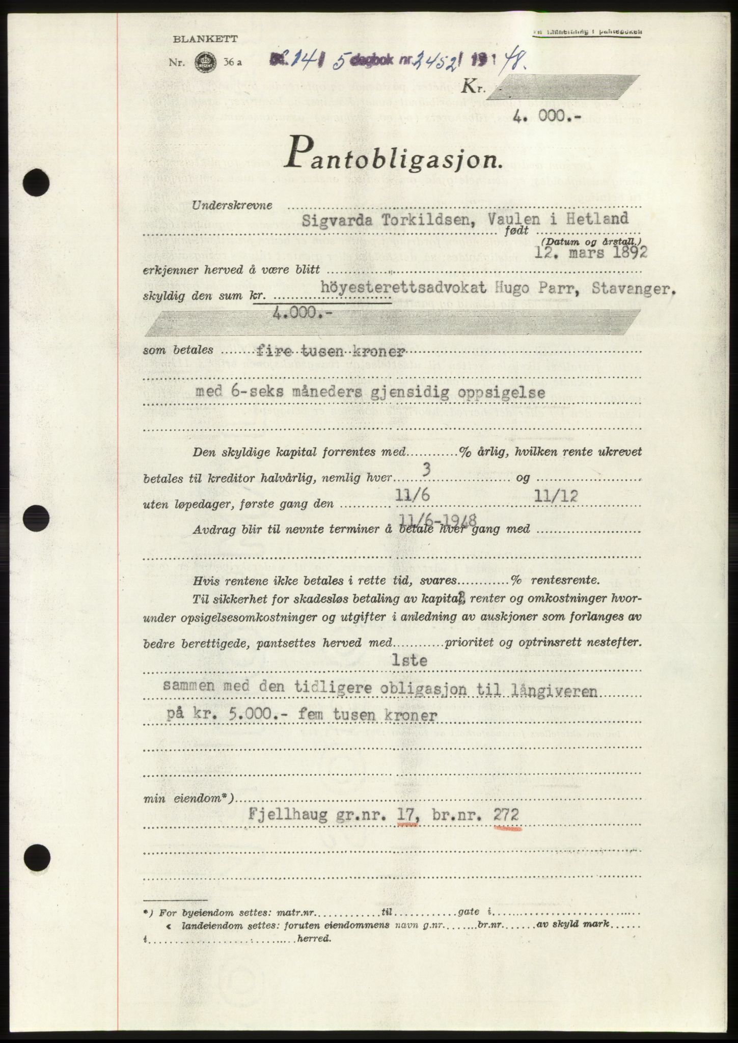 Jæren sorenskriveri, SAST/A-100310/03/G/Gba/L0099: Pantebok, 1948-1948, Dagboknr: 2452/1948