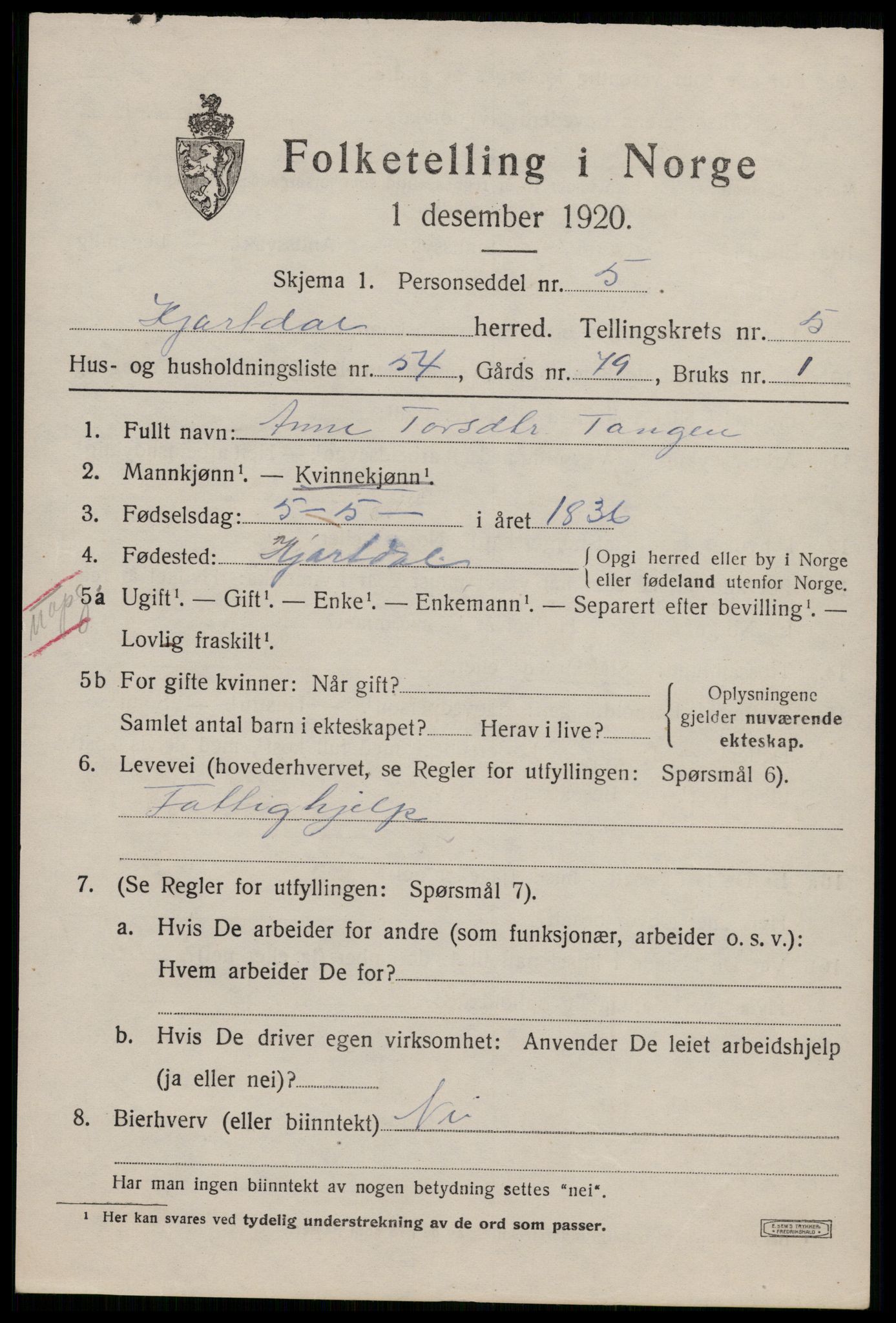 SAKO, Folketelling 1920 for 0827 Hjartdal herred, 1920, s. 4010