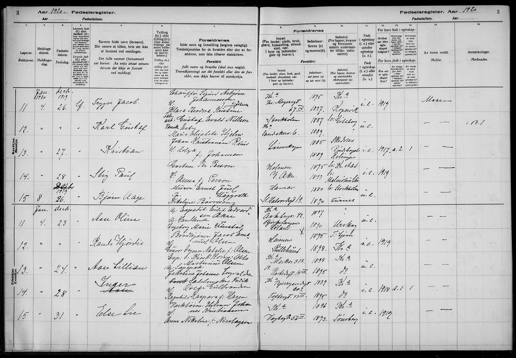 Rikshospitalet prestekontor Kirkebøker, AV/SAO-A-10309b/J/L0005: Fødselsregister nr. 5, 1920-1920, s. 3