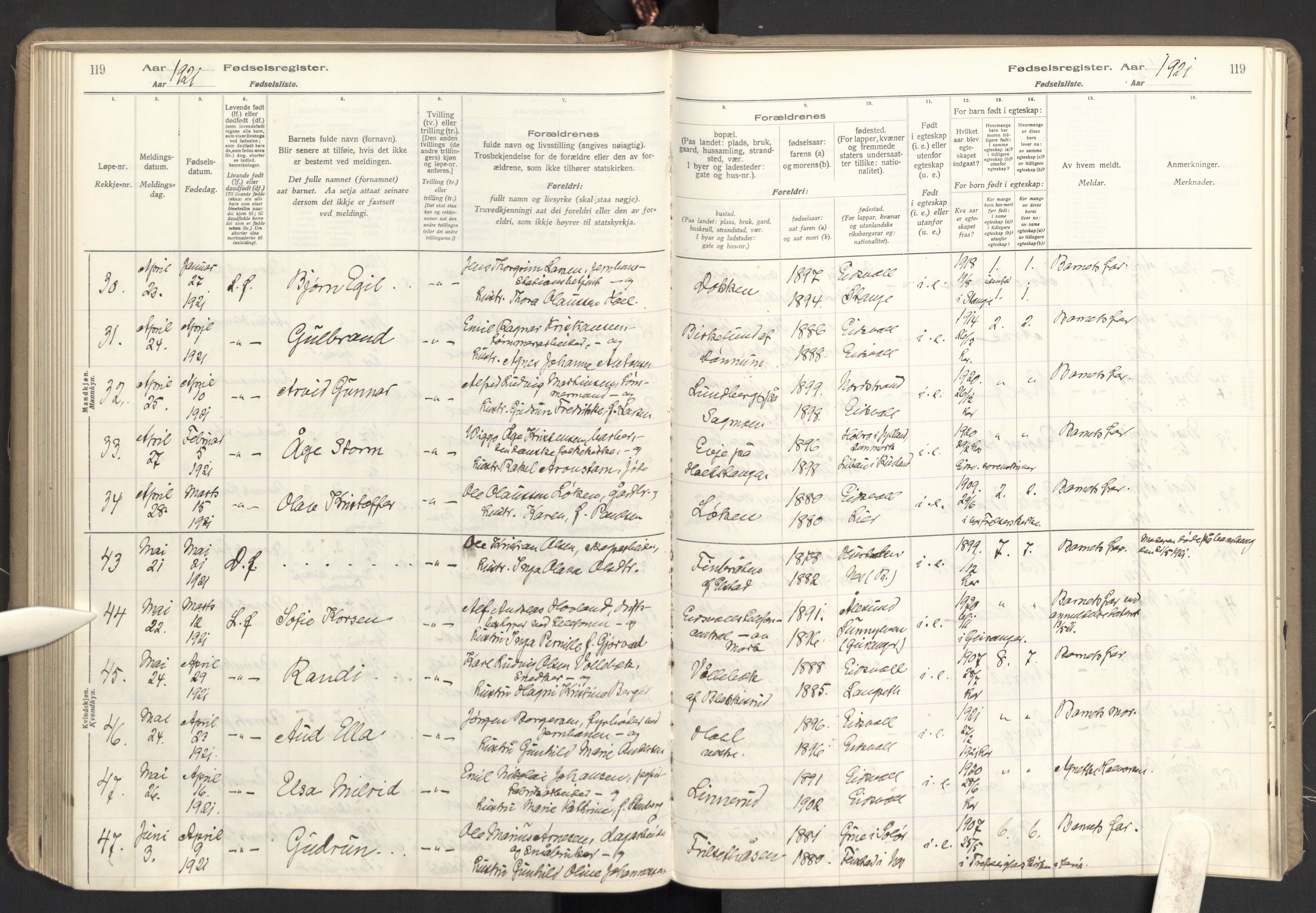 Eidsvoll prestekontor Kirkebøker, AV/SAO-A-10888/J/Ja/L0001: Fødselsregister nr. I 1, 1916-1924, s. 119