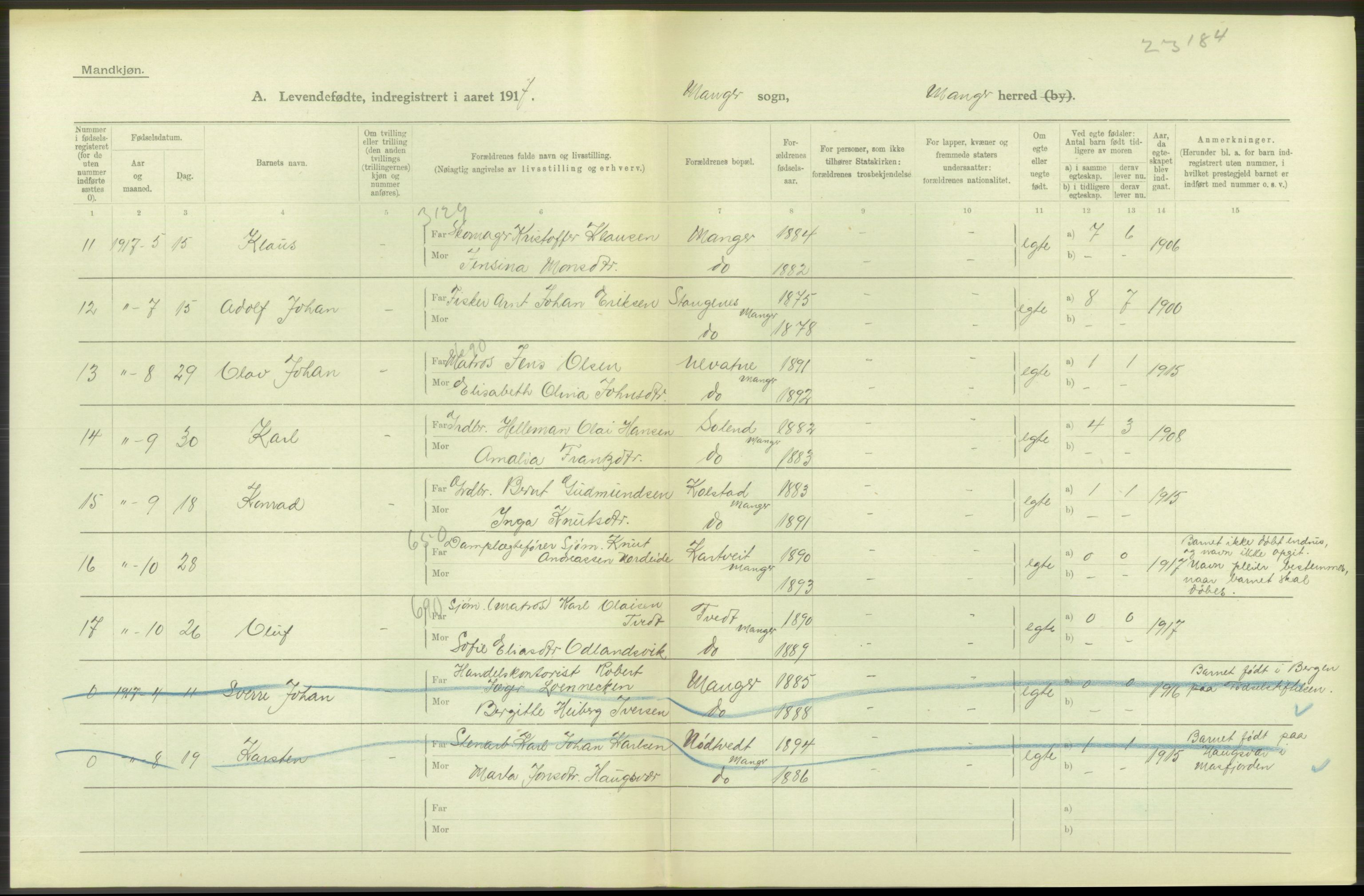 Statistisk sentralbyrå, Sosiodemografiske emner, Befolkning, RA/S-2228/D/Df/Dfb/Dfbg/L0034: S. Bergenhus amt: Levendefødte menn og kvinner. Bygder., 1917, s. 80