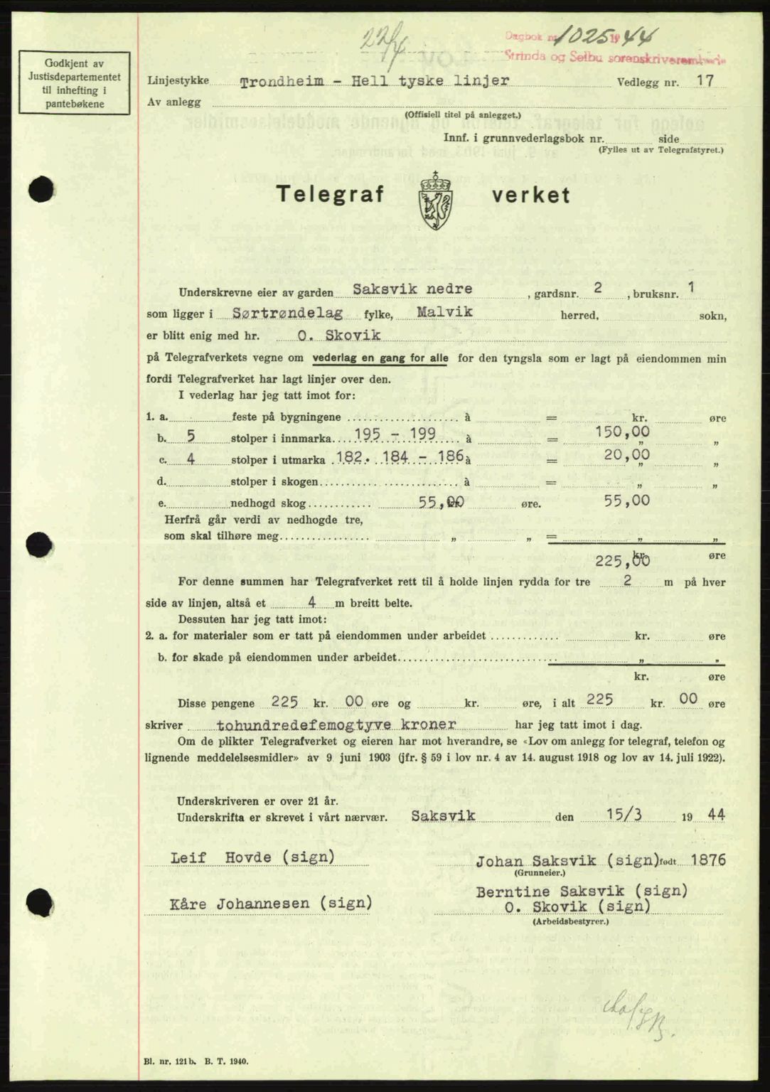 Strinda og Selbu sorenskriveri, SAT/A-0015/2/2C: Pantebok nr. A9, 1944-1945, Dagboknr: 1025/1944