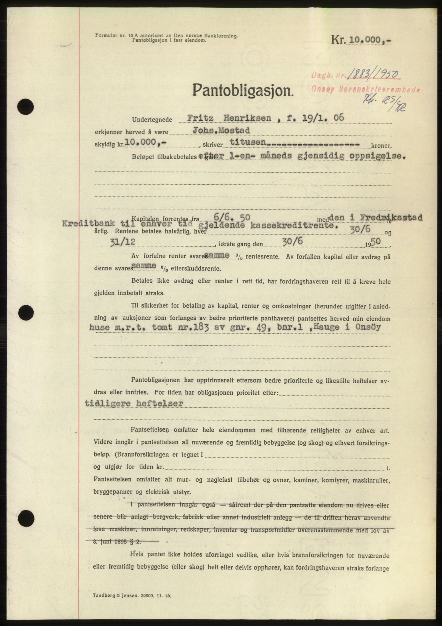 Onsøy sorenskriveri, SAO/A-10474/G/Ga/Gac/L0010: Pantebok nr. B 18-10, 1950-1950, Dagboknr: 1883/1950